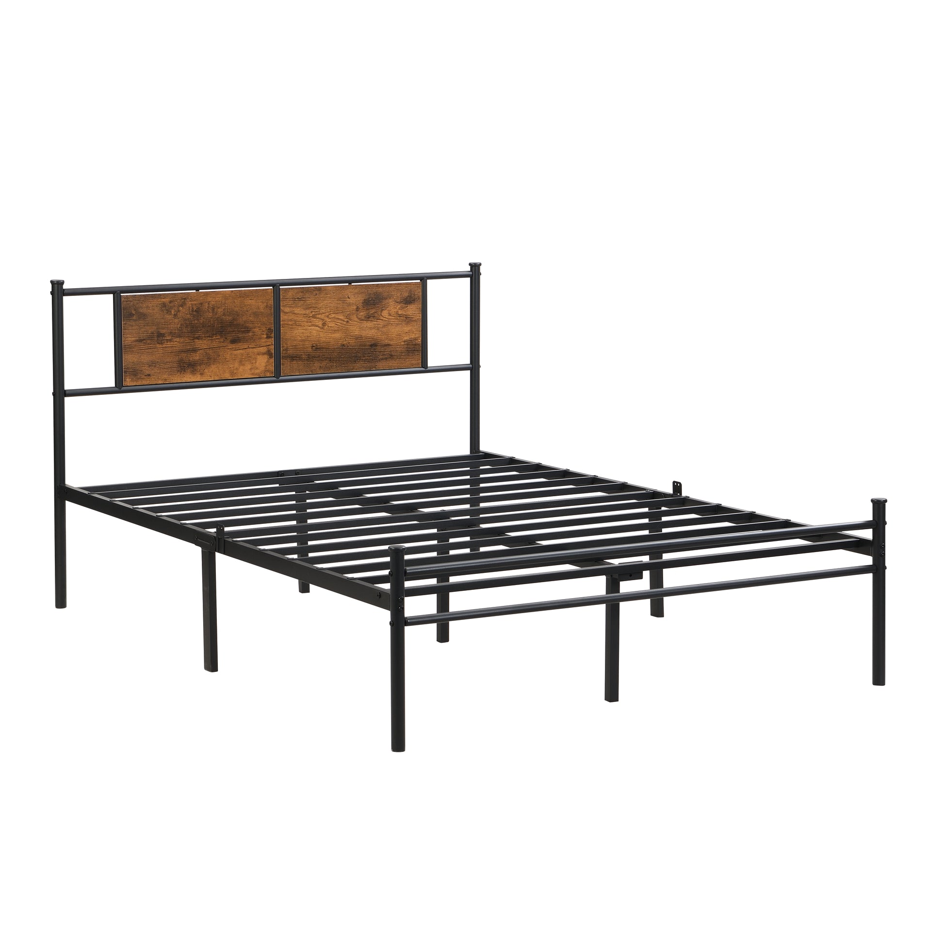King Size Metal Bedframe,Headboard With Wood Panel Decoration,Black Black Brown Metal