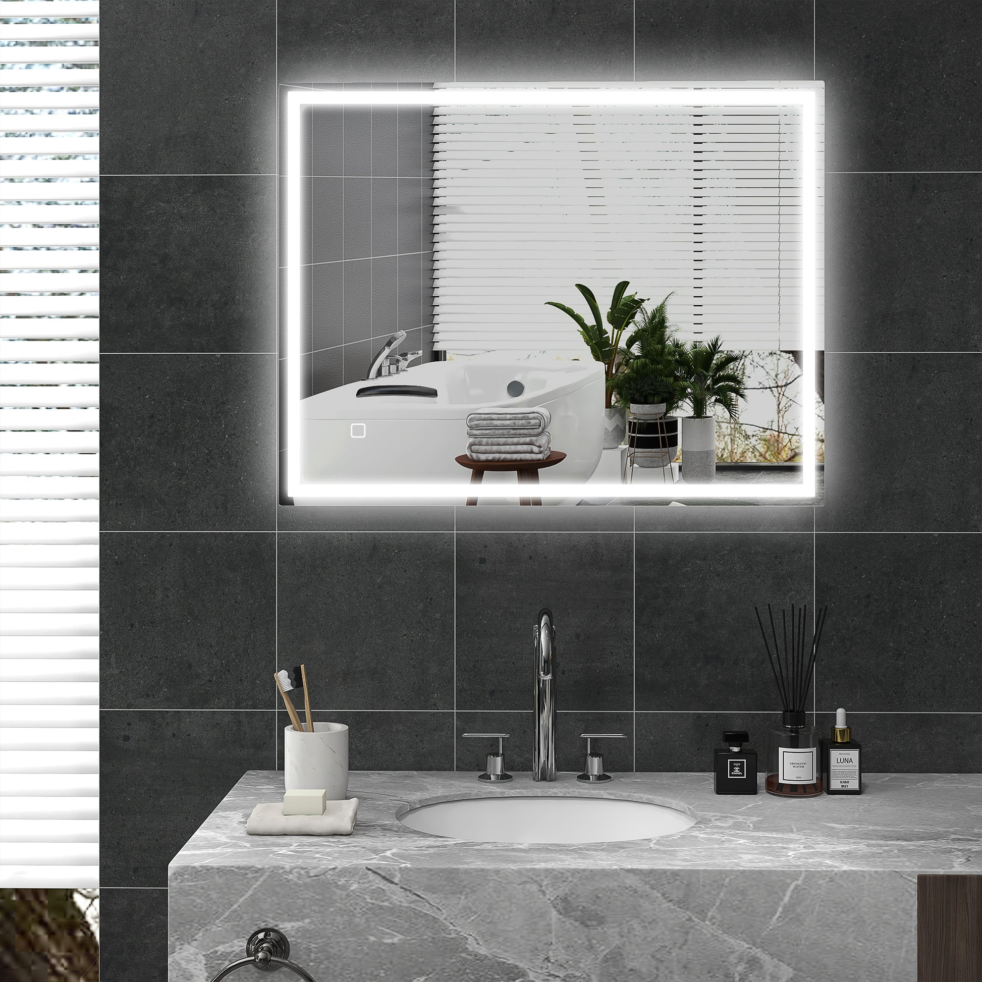 Homcom 36" X 28" Dimmable Bathroom Mirror With Lights, 3 Colors & Defogging Silver Tempered Glass