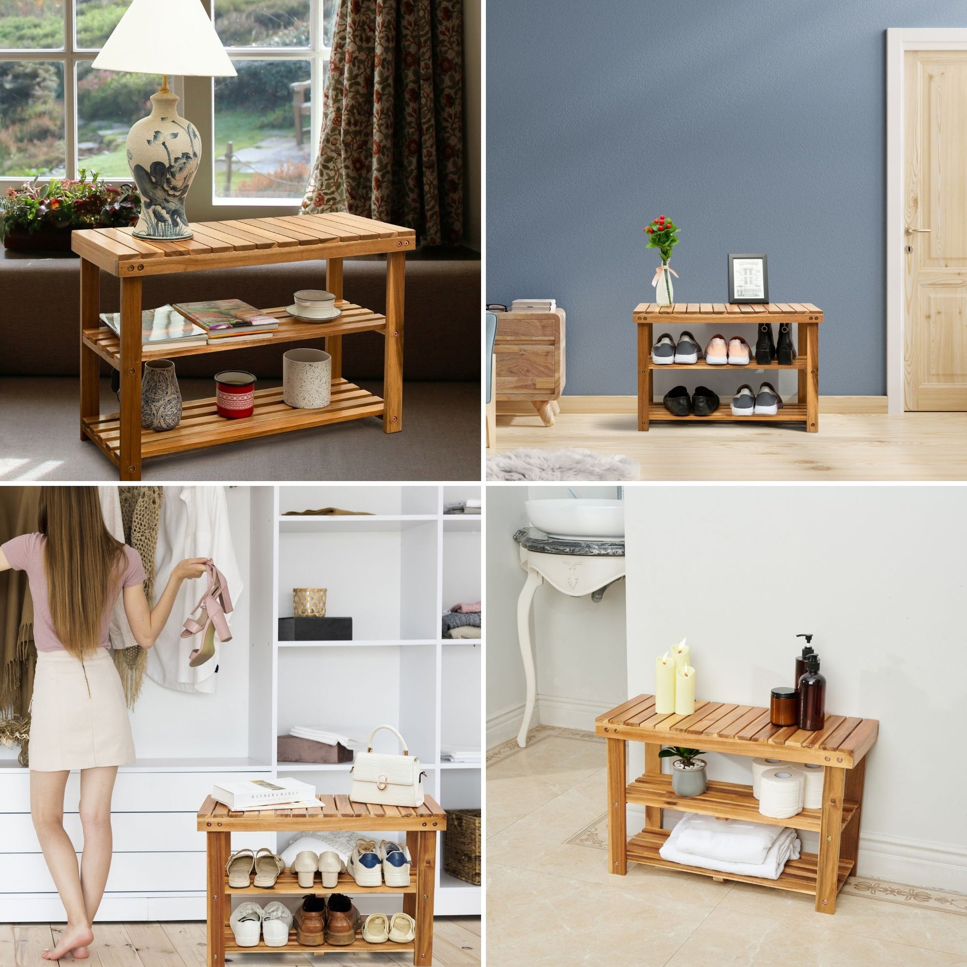 Acacia Wood Shoe Rack Bench Strong Weight Bearing Upto 200 Lbs Best Ideas For Entryway Frontdoor Bathroom, Natural Color. Acacia Wood Light Brown Primary Living Space American Design,American Traditional Acacia Acacia Wood