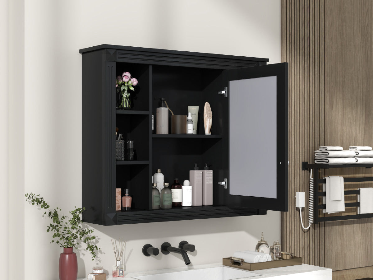 35'' X 28'' Wall Mounted Bathroom Storage Cabinet, Medicine Cabinet, Modern Bathroom Wall Cabinet With Mirror, Mirror Cabinet With 6 Open Shelves Not Include Bathroom Vanity Black 1 Mirror Included