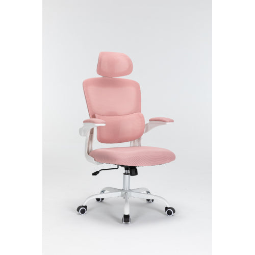 Ergonomic Mesh Office Chair With 3D Adjustable Lumbar Support, High Back Desk Chair With Flip Up Arms, Executive Computer Chair Home Office Task Swivel Rolling Chairs For Adults Cushion Metal Solid Pink Office Sponge Dry Clean Round Handle Office Chairs