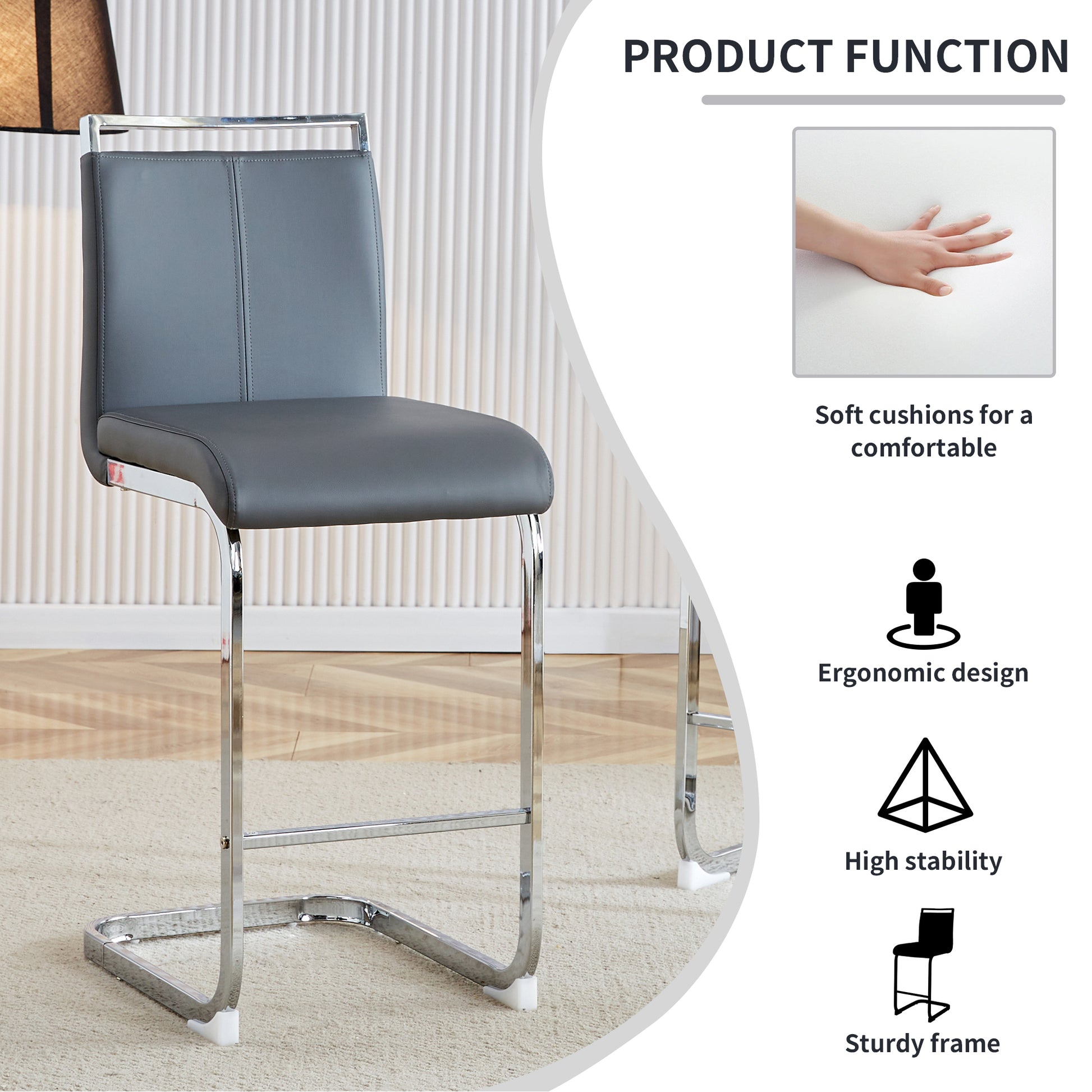 Table And Chair Set. A Rectangular Glass Dining Table With A 0.4 Inch Tempered Glass Tabletop And Mdf Board V Shaped Bracket, Paired With Chairs Consisting Of Pu Seat Cushions And Silver Metal Legs. Black Gray Seats 4 Tempered Glass