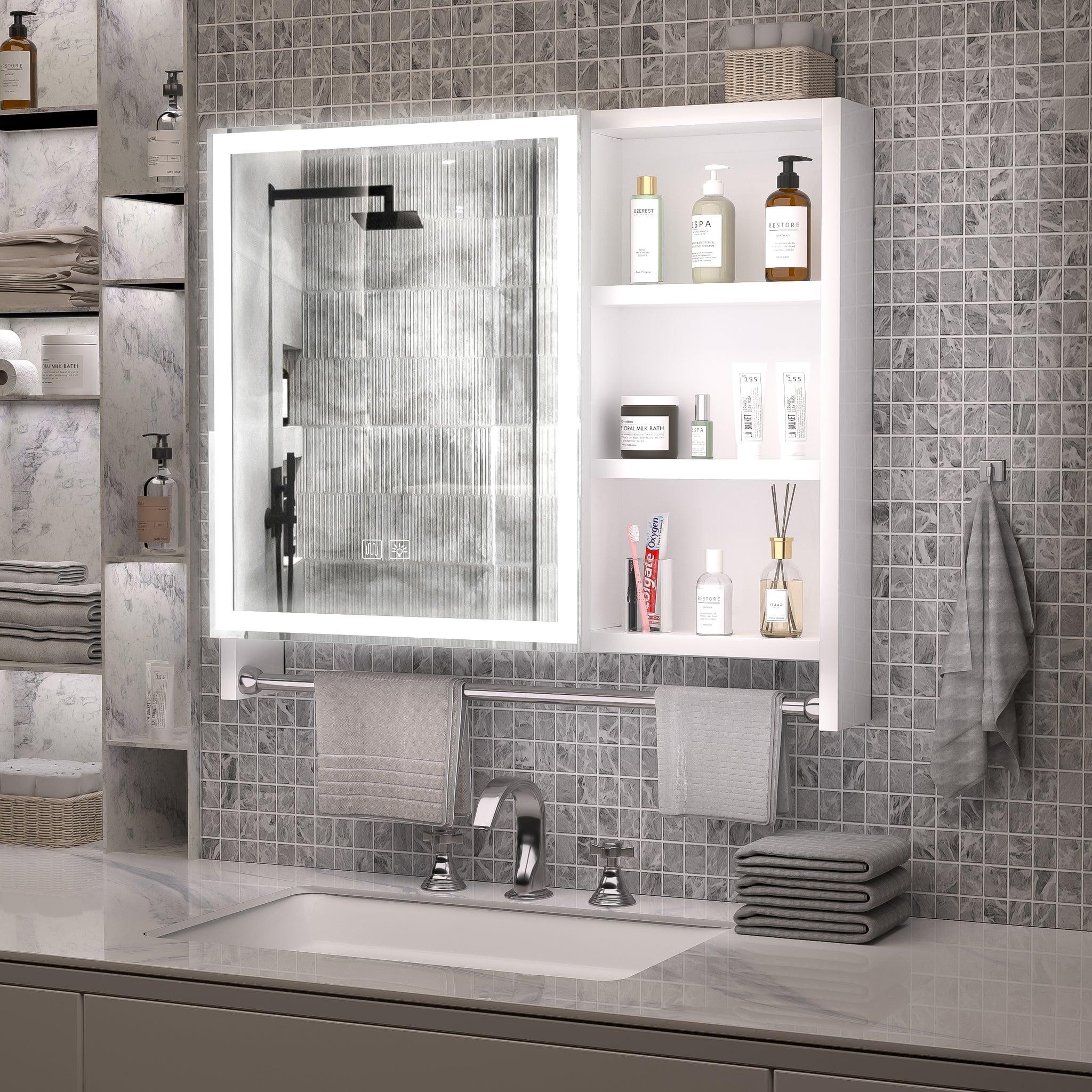 Modern 32X28Inches Bathroom Cabinets, Medicine Cabinets With Mirrors And Led Lights, Bathroom Lockers With Multilevel Storage Compartments And Towel Rails White 24 To 35 In 24 To 31 In 5 10 Inches Aluminium,Glass