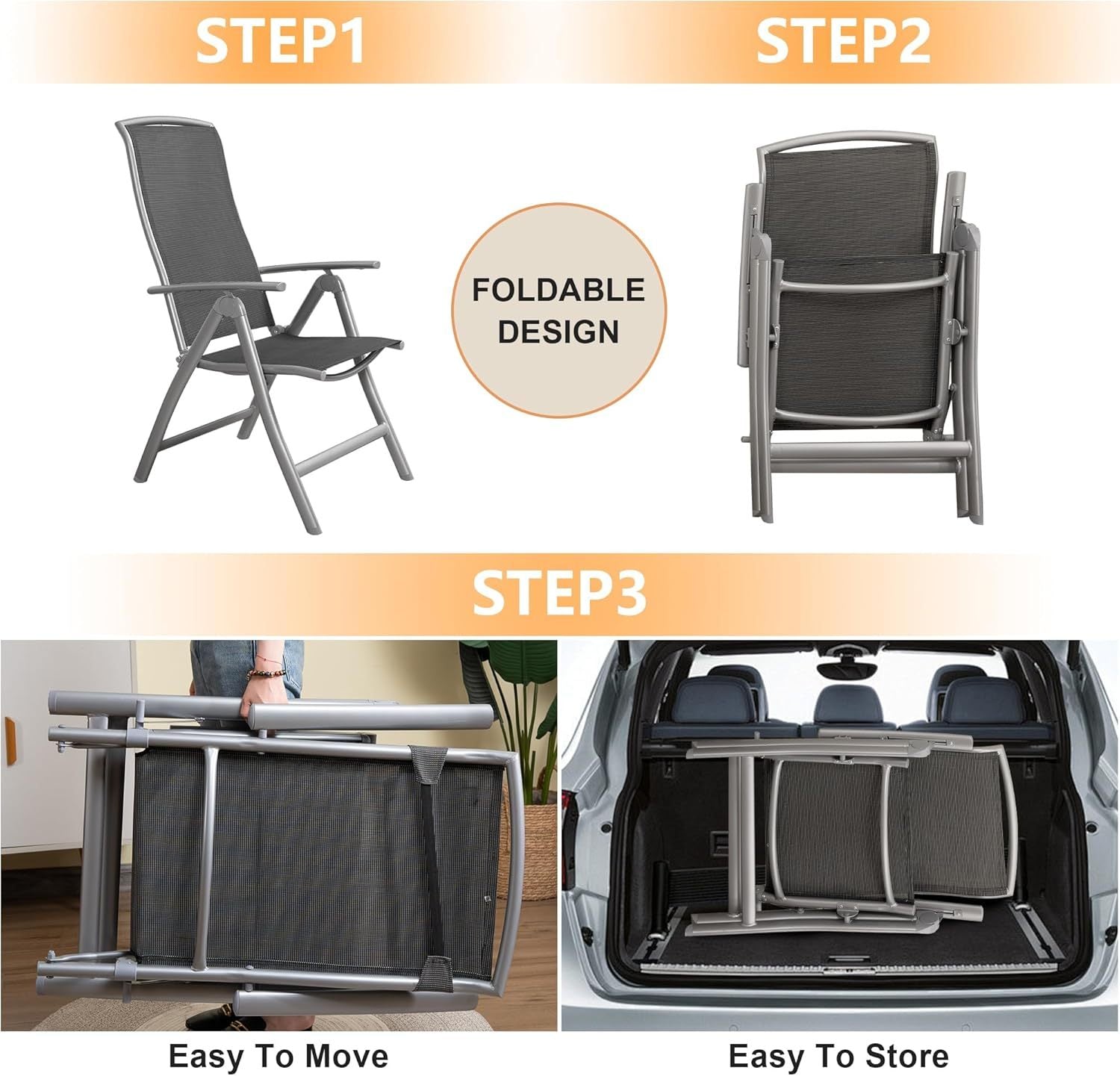 Patio Folding Chairs Set Of 2, Aluminium Frame Outdoor Reclining Patio Chairs For Garden Camping Poolside Beach Deck, Adjustable High Back Lawn Chairs With Textilene Fabric Seat, Dark Gray Dark Gray Aluminium
