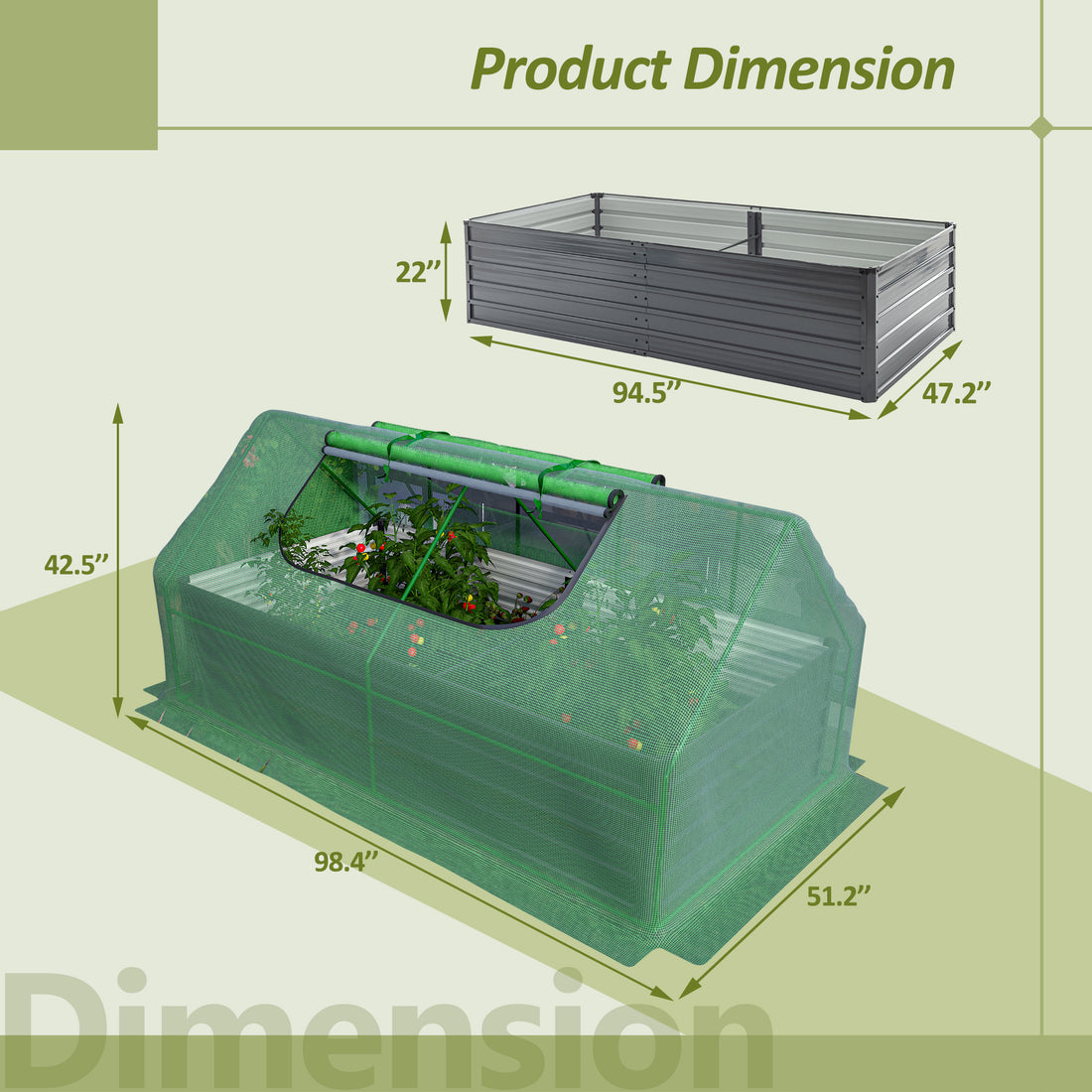 8X4X2Ft Galvanized Raised Garden Bed With Cover Metal Planter Box Kit, W 2 Large Screen Windows Mini Greenhouse ,Outdoor Growing Vegetables Gray Garden & Outdoor Metal