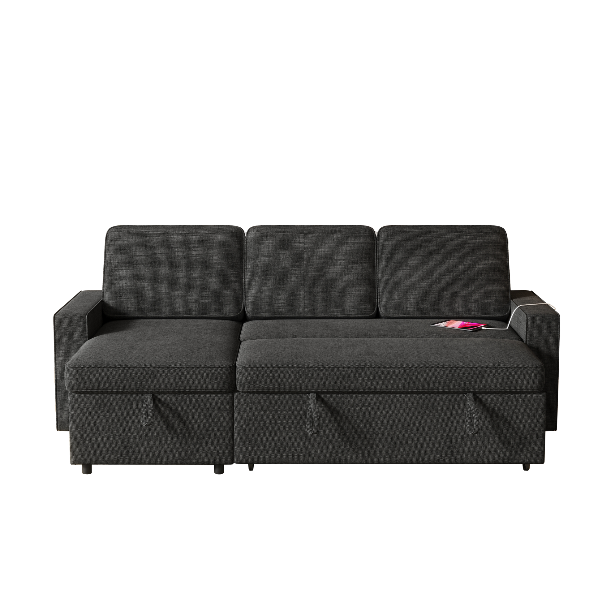 85.8" Pull Out Sleeper Sofa L Shaped Couch Convertible Sofa Bed With Storage Chaise And Storage Racks,With Usb Port And T Pyce Port Black Fabric 3 Seat