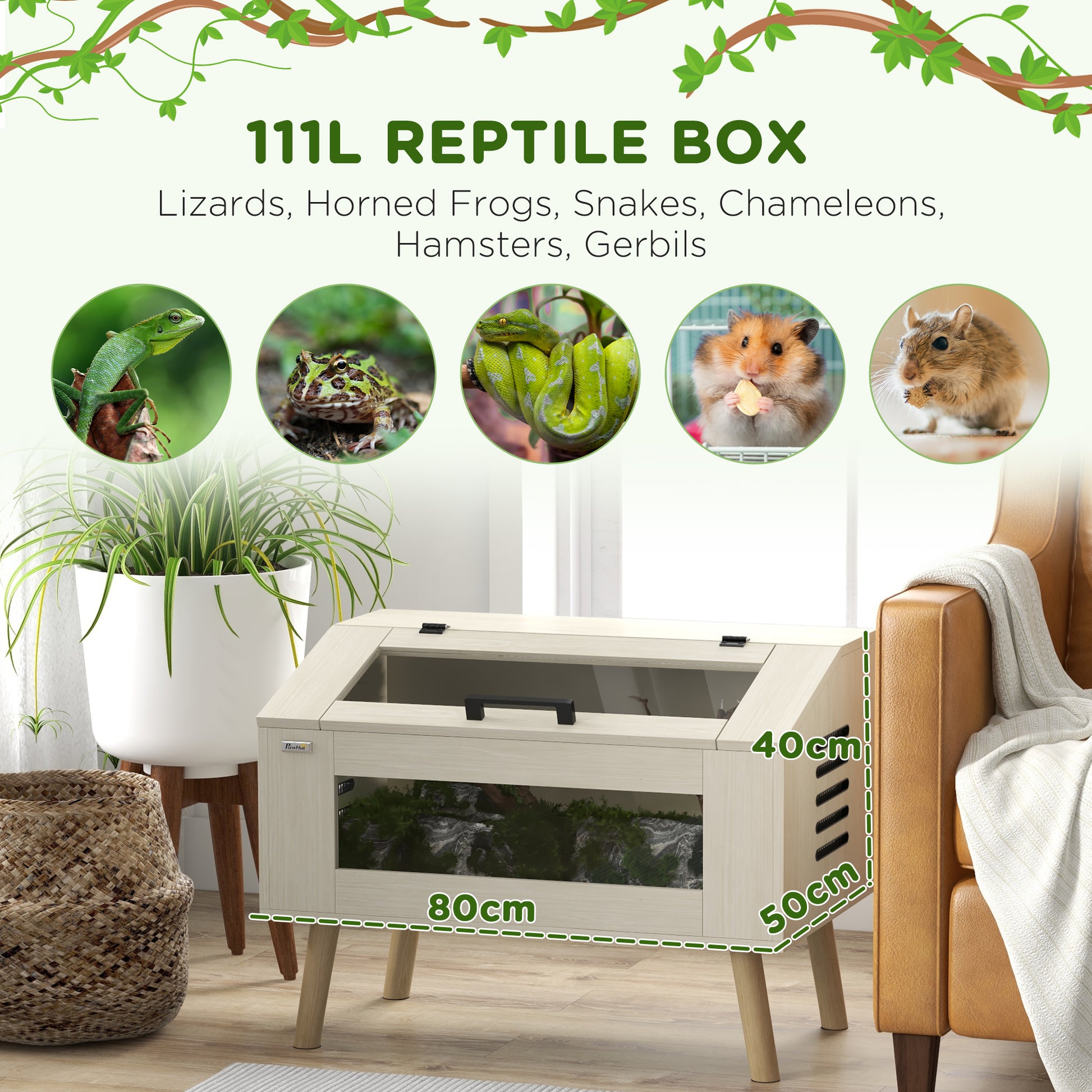 Pawhut Reptile Terrarium 29 Gallon Top Opening Reptile Tank With Glass Windows Air Ventilations, For Snakes Lizards Horned Frogs Chameleons Hamsters Gerbils, 31.5" X 20" X 24" Oak Fabric