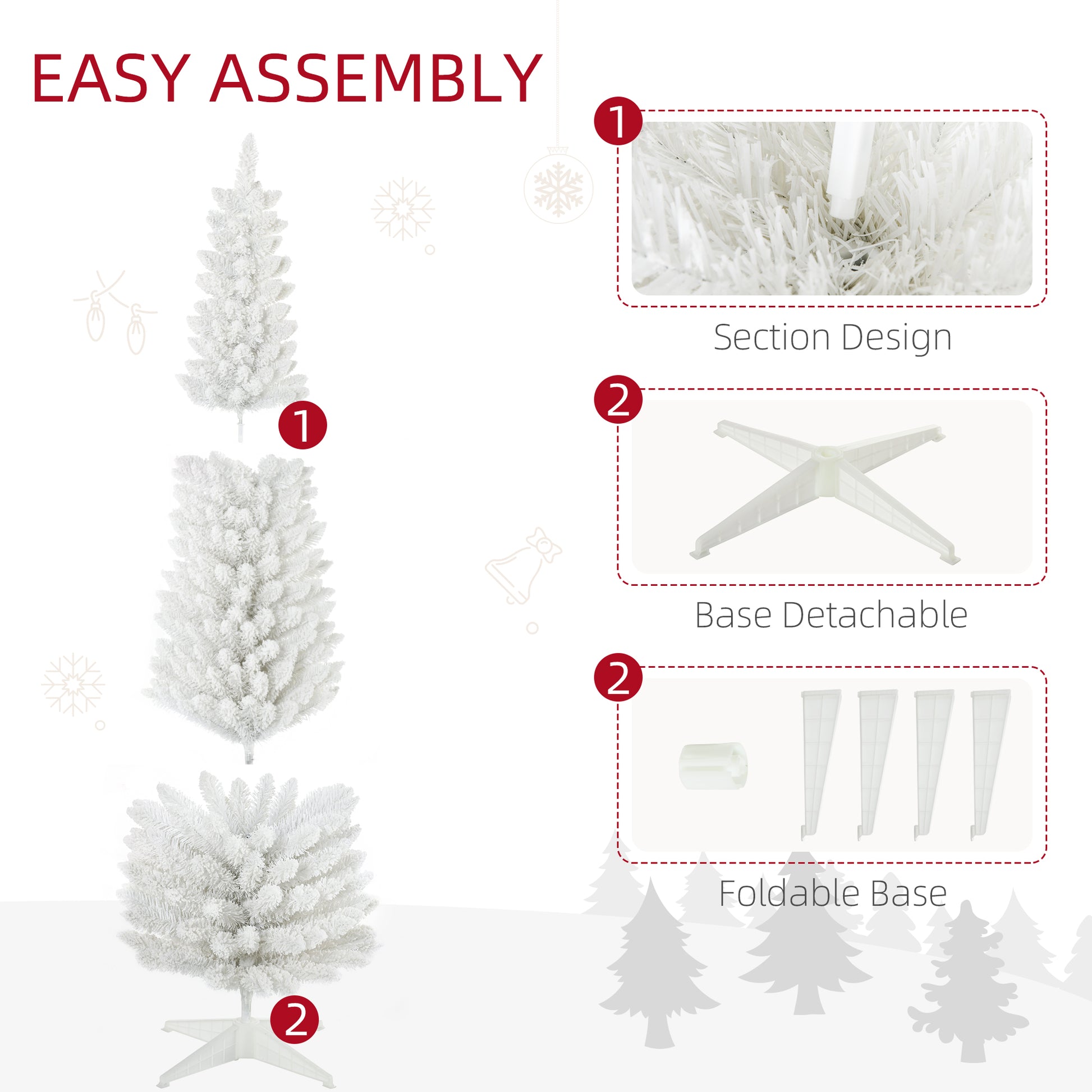 Homcom 6' Snow Flocked Artificial Pencil Christmas Tree, Slim Xmas Tree With Realistic Branches And Plastic Base Stand For Indoor Decoration, White White Plastic