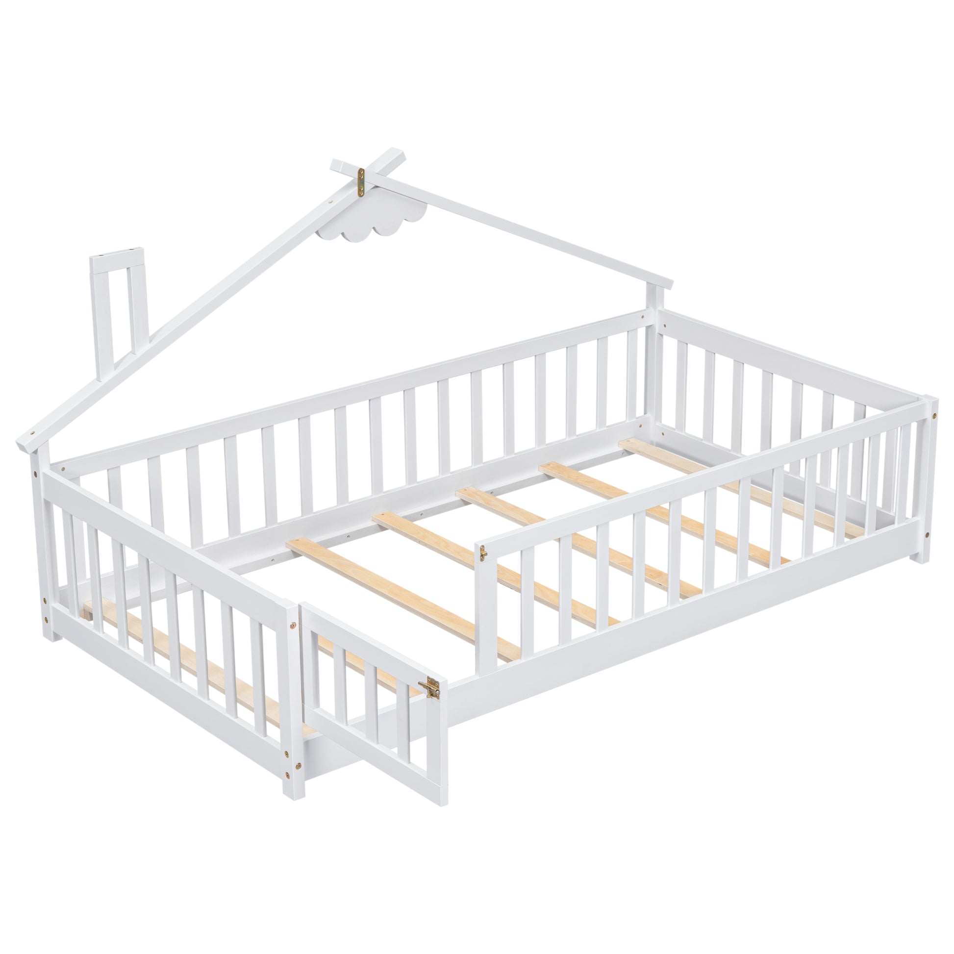 Twin House Shaped Bedside Floor Bed With Guardrails, Slats, With Door,White Twin White American Design Pine