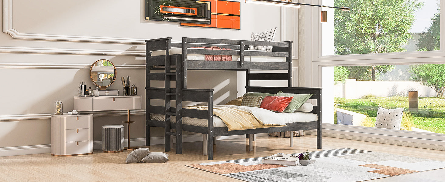 Wood Twin Xl Over Queen Bunk Bed With Ladder, Gray Twin Xl Box Spring Not Required Gray Wood Bedroom Bunk Solid Wood Mdf