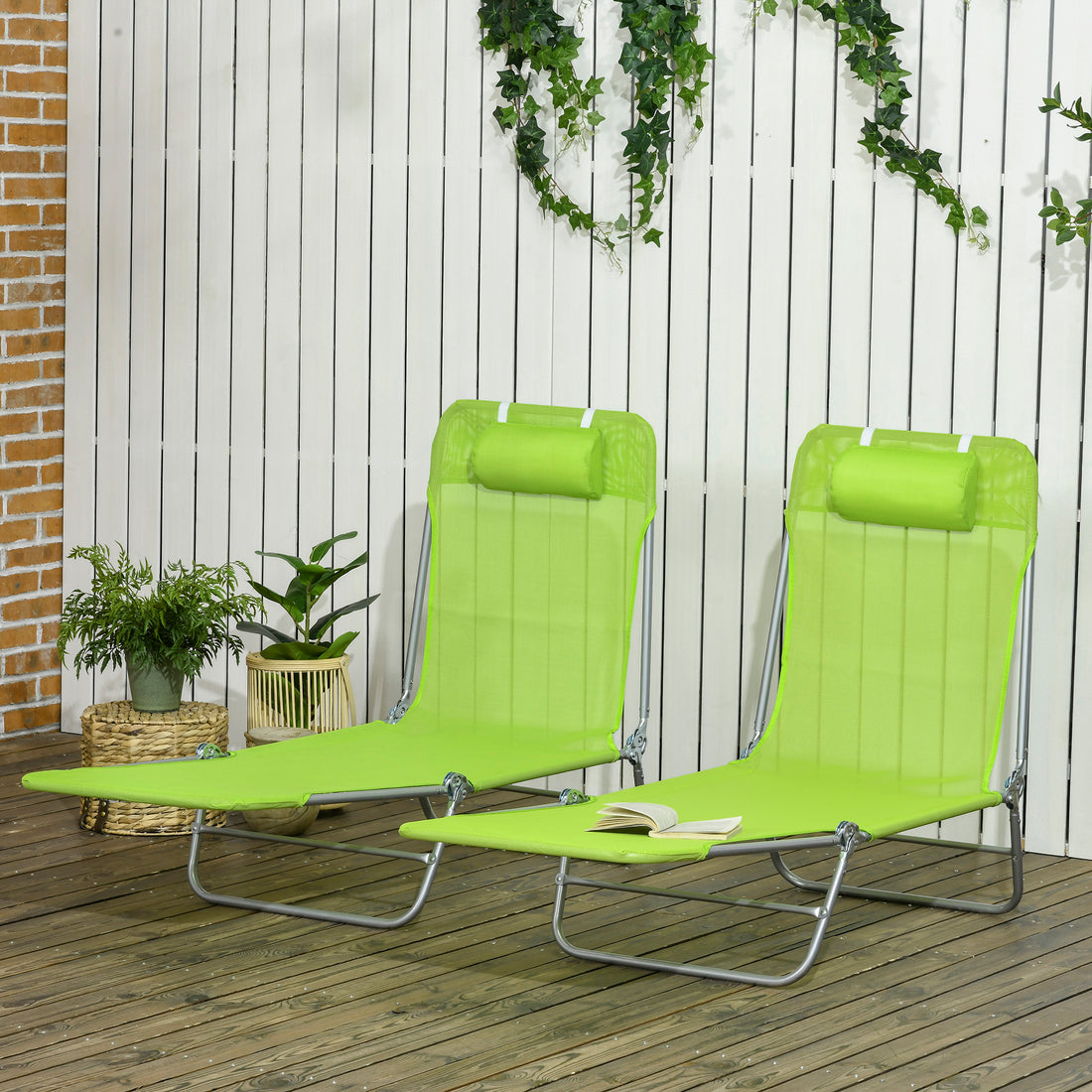 Outsunny 2 Piece Folding Chaise Lounge Chairs, Pool Sun Tanning Chairs, Outdoor Lounge Chairs With 6 Position Reclining Back,Mesh Seat, Headrest For Beach, Yard, Patio, Green Green Steel
