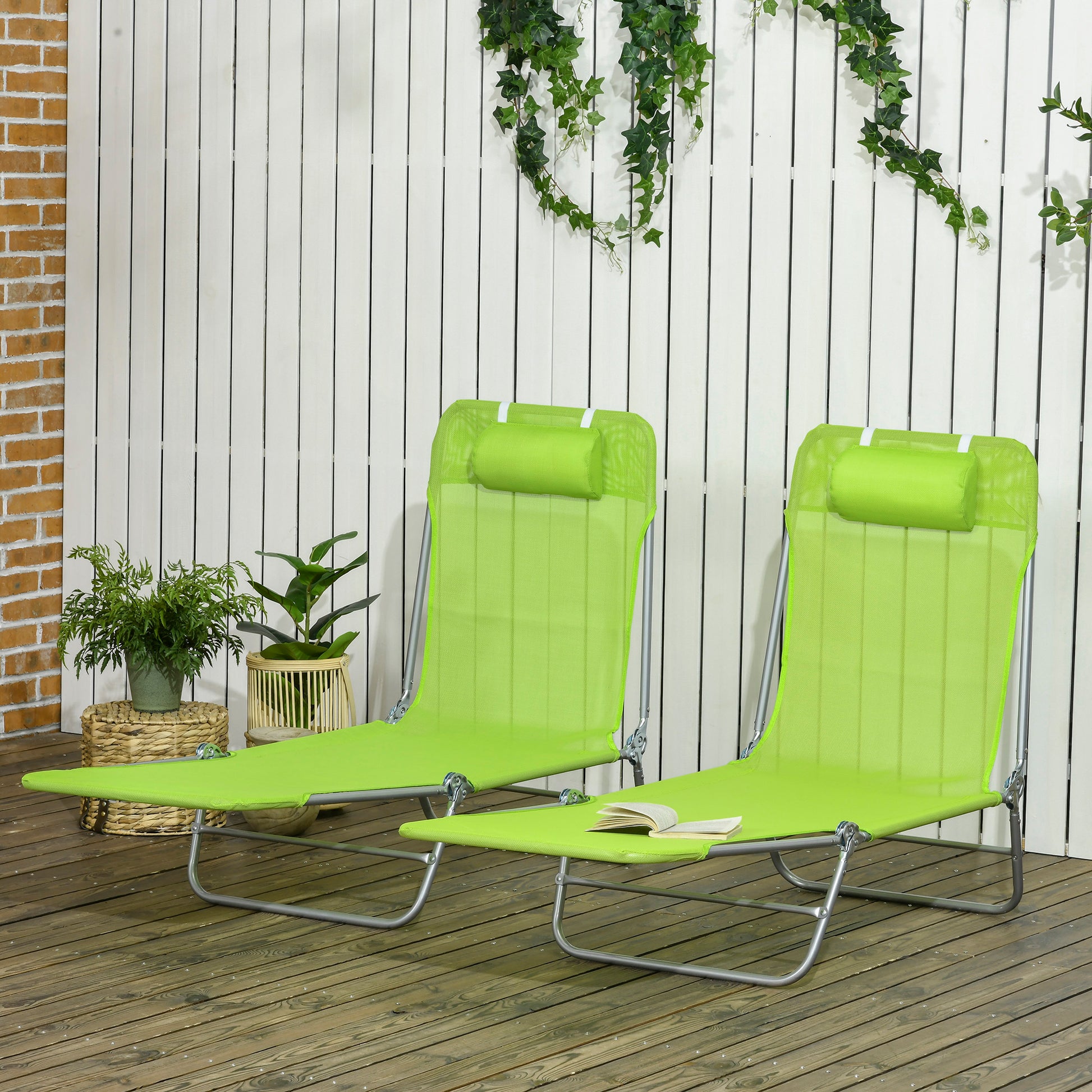 Outsunny 2 Piece Folding Chaise Lounge Chairs, Pool Sun Tanning Chairs, Outdoor Lounge Chairs With 6 Position Reclining Back,Mesh Seat, Headrest For Beach, Yard, Patio, Green Green Steel