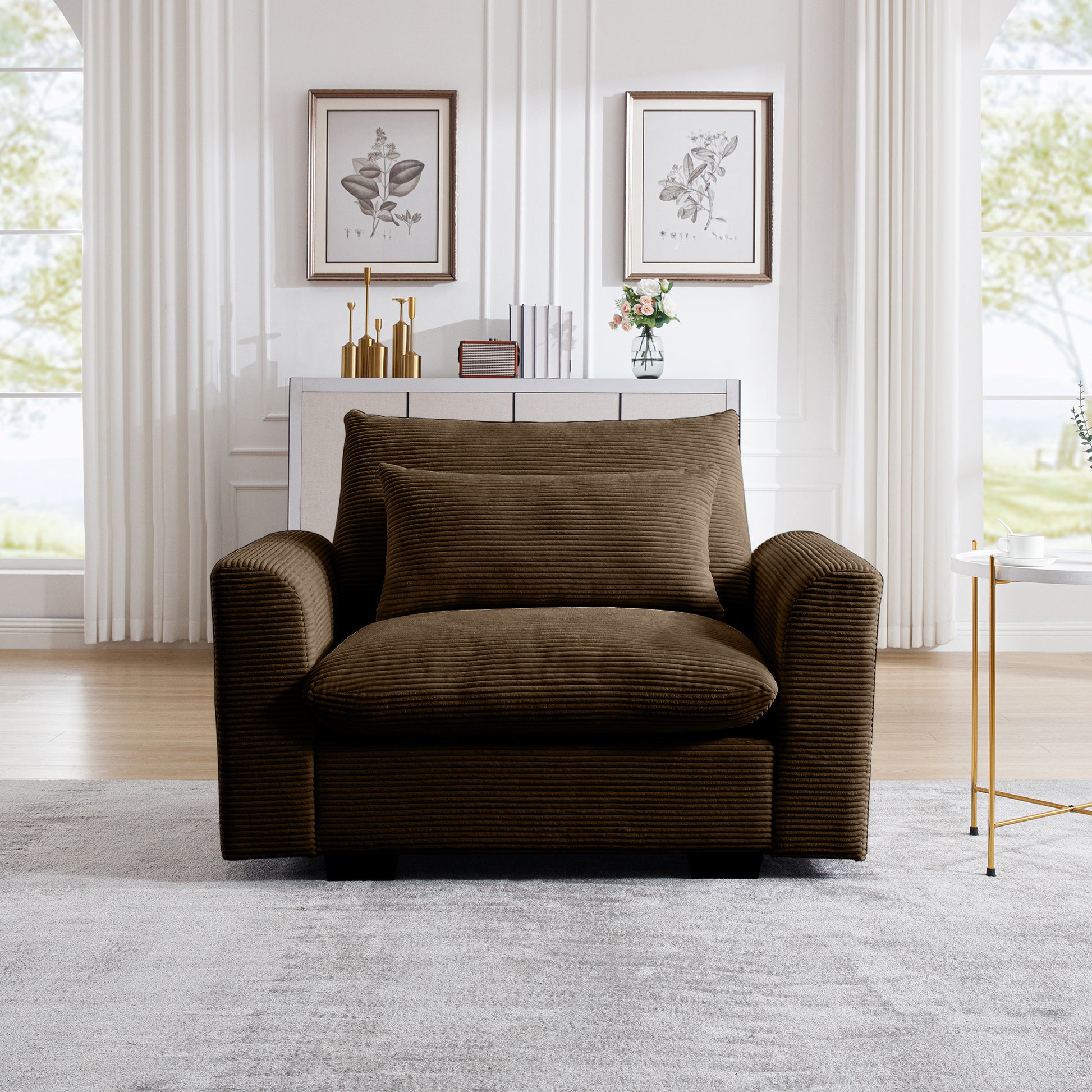 Brown Corduroy Deep Seat Single Sofa Accent Chair,Deep Seat Couch With Waist Pillow For Living Room Apartment Office Brown Corduroy 1 Seat