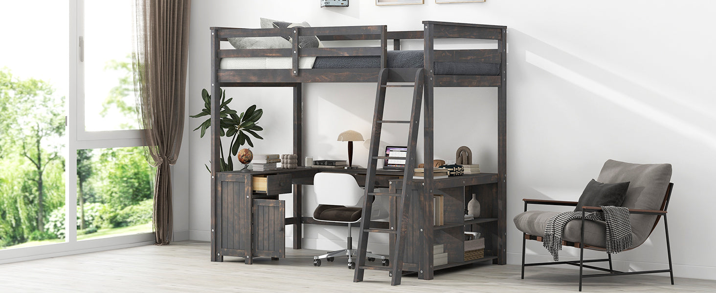 Full Size Loft Bed With U Shaped Desk, Drawers And Storage Shelves, Antique Brown Box Spring Not Required Full Antique Brown Wood Bedroom Solid Wood Mdf