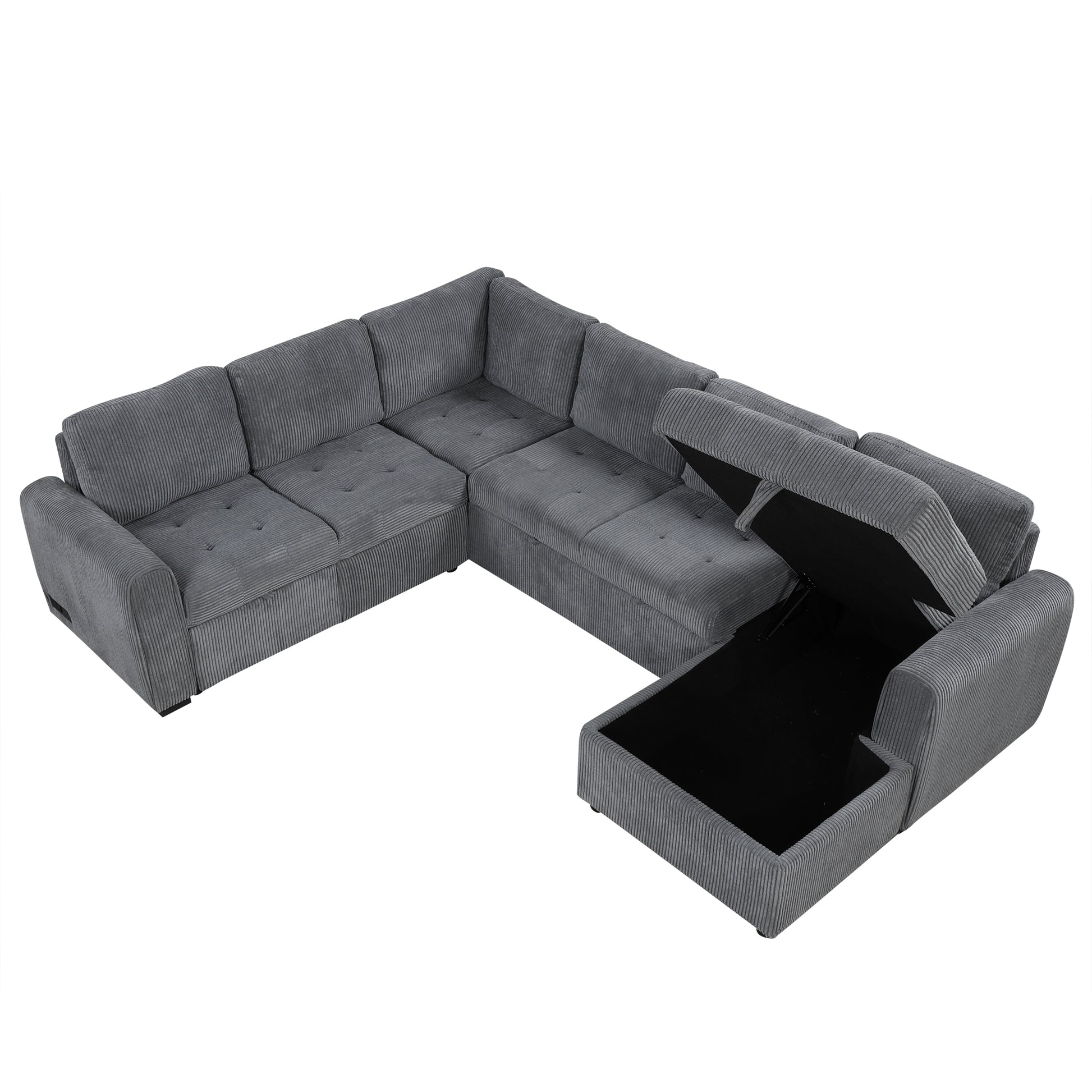 107.5" U Shaped Sofa Sectional Sofa Pull Out Sofa Bed With A Storage Chaise Lounge, Charging Devices For Living Room, Gray Gray Foam Corduroy 5 Seat