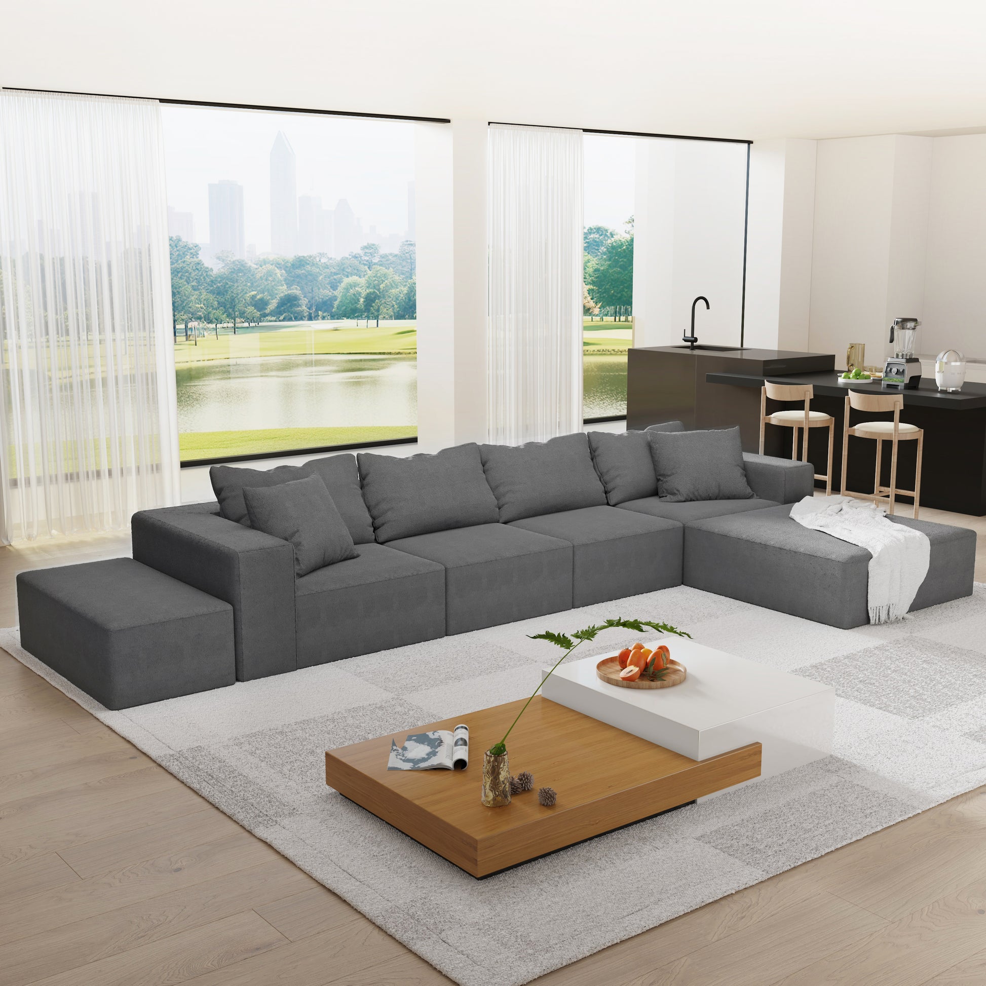 Modern Upholstered Sectional Sofa Couch Set,Modular 132" L Shaped Sectional Living Room Sofa Set With 6 Pillows,Free Combination Sofa Couch For Living Room,Bedroom Grey Foam Chenille 6 Seat