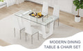 Table And Chair Set.A Rectangular Dining Table Features With Tempered Glass Top And Sleek White Mdf Stand.Paried With 4 Pu Chairs With Checkered Armless High Back And Electroplated Metal Legs. White Seats 4 Mdf Glass