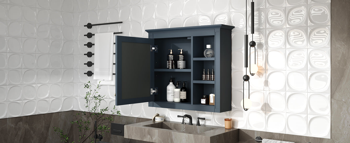 30'' X 28'' Medicine Cabinet, Wall Mounted Bathroom Storage Cabinet, Modern Bathroom Wall Cabinet With Mirror,Medicine Cabinet, Mirror Cabinet With 3 Open Shelves Not Include Bathroom Vanity Blue 1 5 Adjustable Shelves Bathroom Wall Mounted Modern Mdf