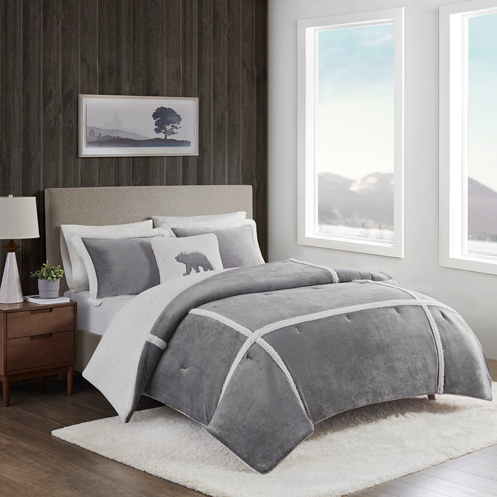 Plush To Sherpa Comforter Set Twin Grey Polyester