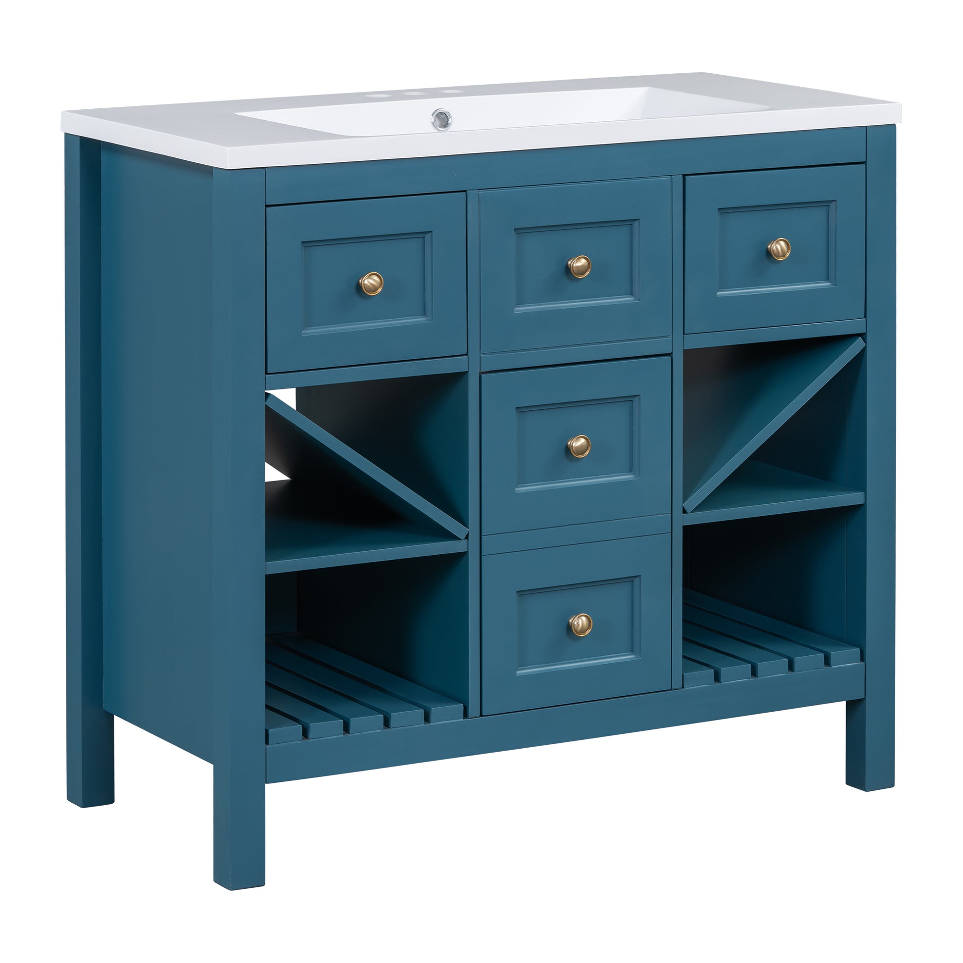 36'' Bathroom Vanity With Resin Sink Combo, Solid Wood Frame Bathroom Storage Cabinet, Freestanding Vanity Set With 5 Drawers& Soft Closing Doors Same As Sw000141Aam Blue Bathroom Solid Wood Mdf Resin