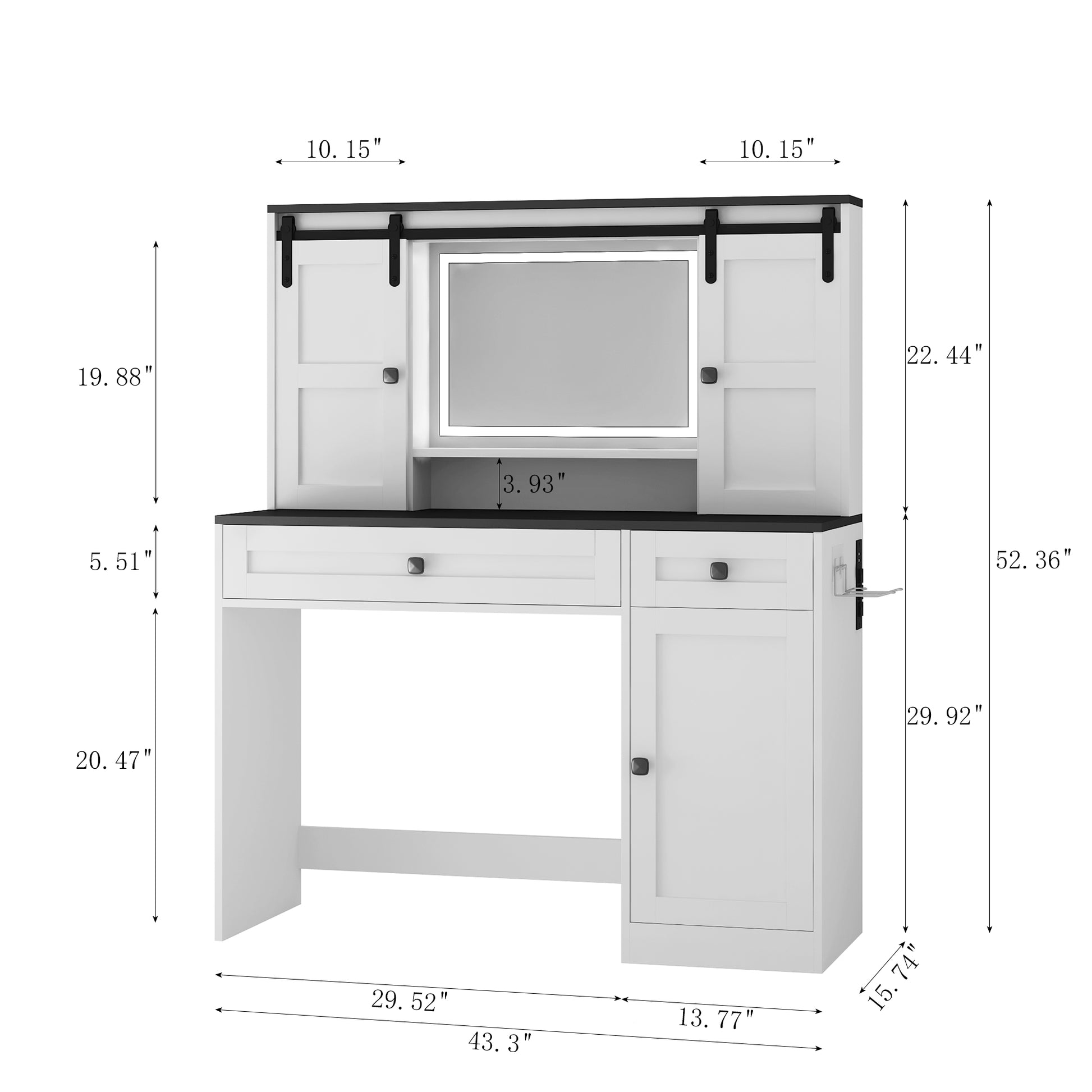 Farmhouse Dressing Table Makeup Table, 43" Wide Dressing Table With Lighted Mirror And Makeup Drawer, Large Modern Dressing Table Set With Hair Dryer Holder For Bedroom, White White Mdf