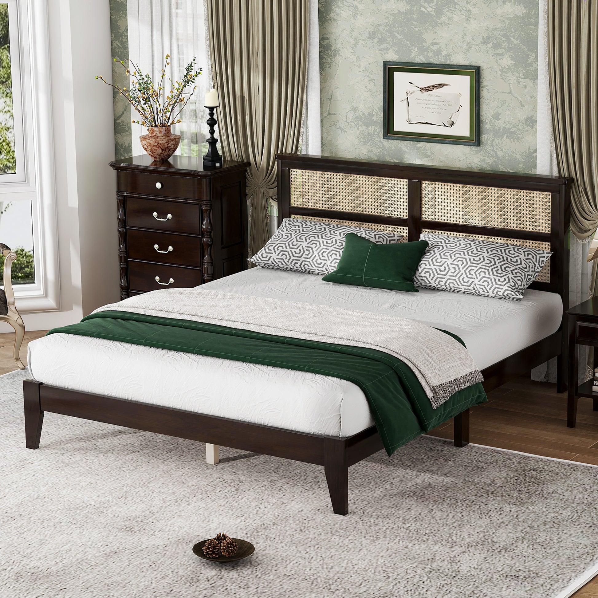 Queen Size Rubber Wooden, Solid Wooden Bed With Rattan Headboard, Enhanced By Support Feet,Espresso Queen Espresso Rubber Wood