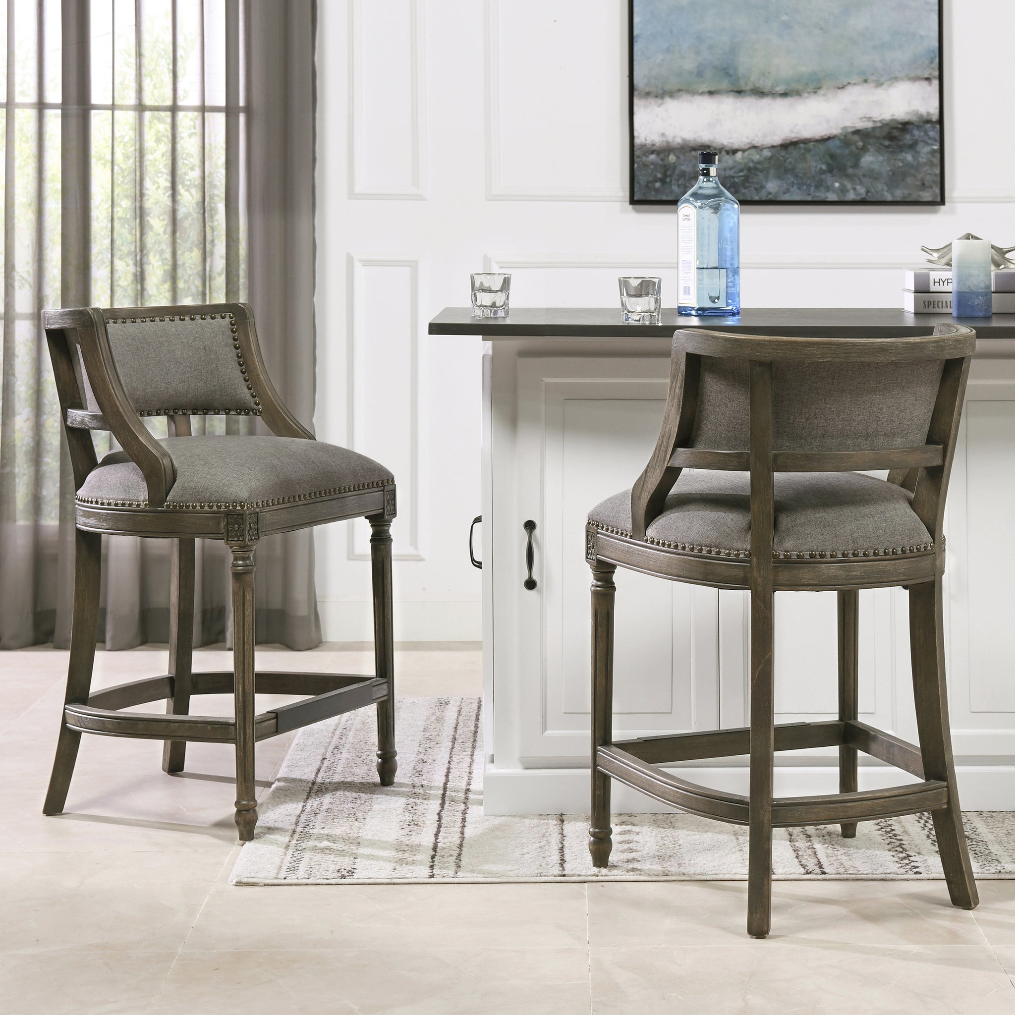 Paris 26.5 Farmhouse Counter Height Bar Stool With Backrest, Heathered Grey Linen Gray Foam Linen