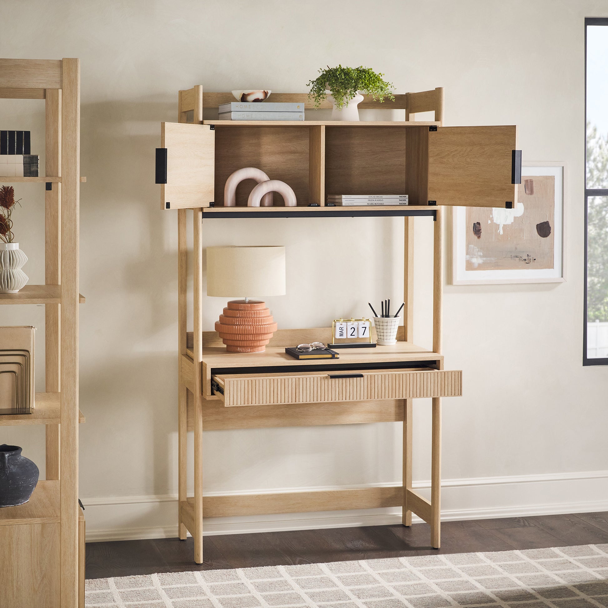 Transitional Reeded Desk With Hutch And Drawers Plus Tech Management Oak Oak Mdf Mdf