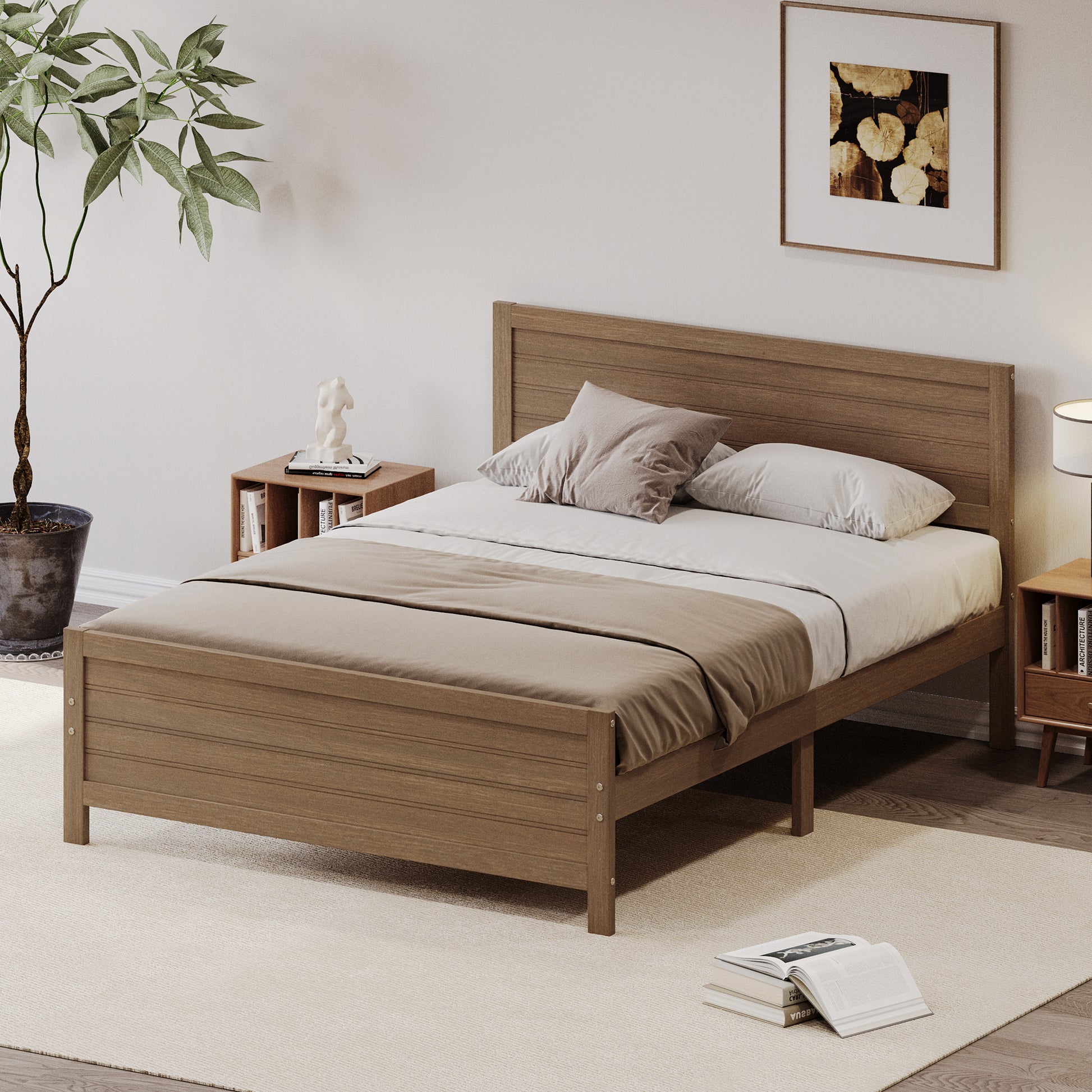 Wood Platform Bed Frame With Headboard, Mattress Foundation With Wood Slat Support, No Box Spring Needed, Queen Size, Walnut Box Spring Not Required Queen Walnut Wood Solid Wood Mdf