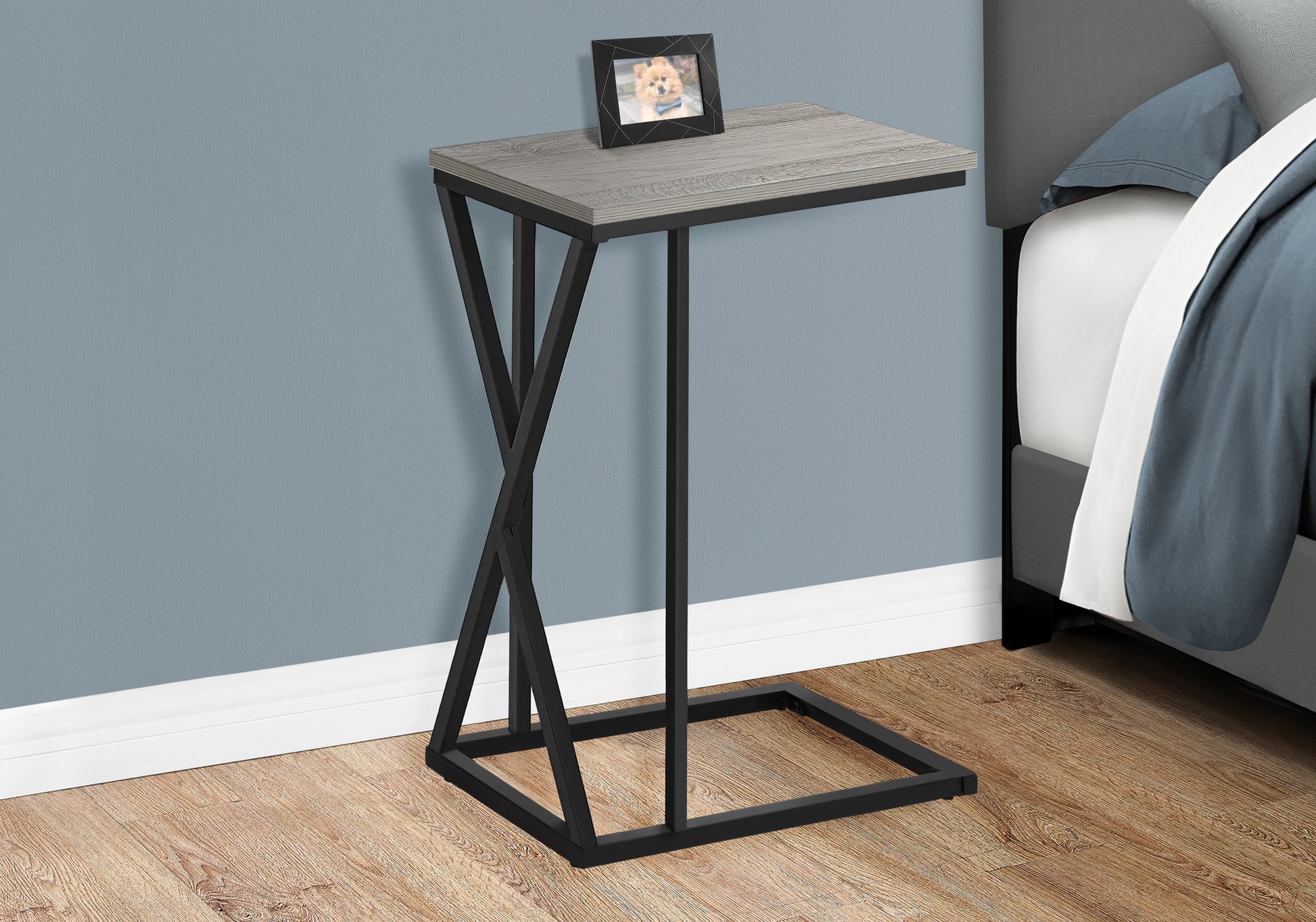 Accent Table, C Shaped, End, Side, Snack, Living Room, Bedroom, Grey Laminate, Black Metal, Contemporary, Modern Grey Mdf