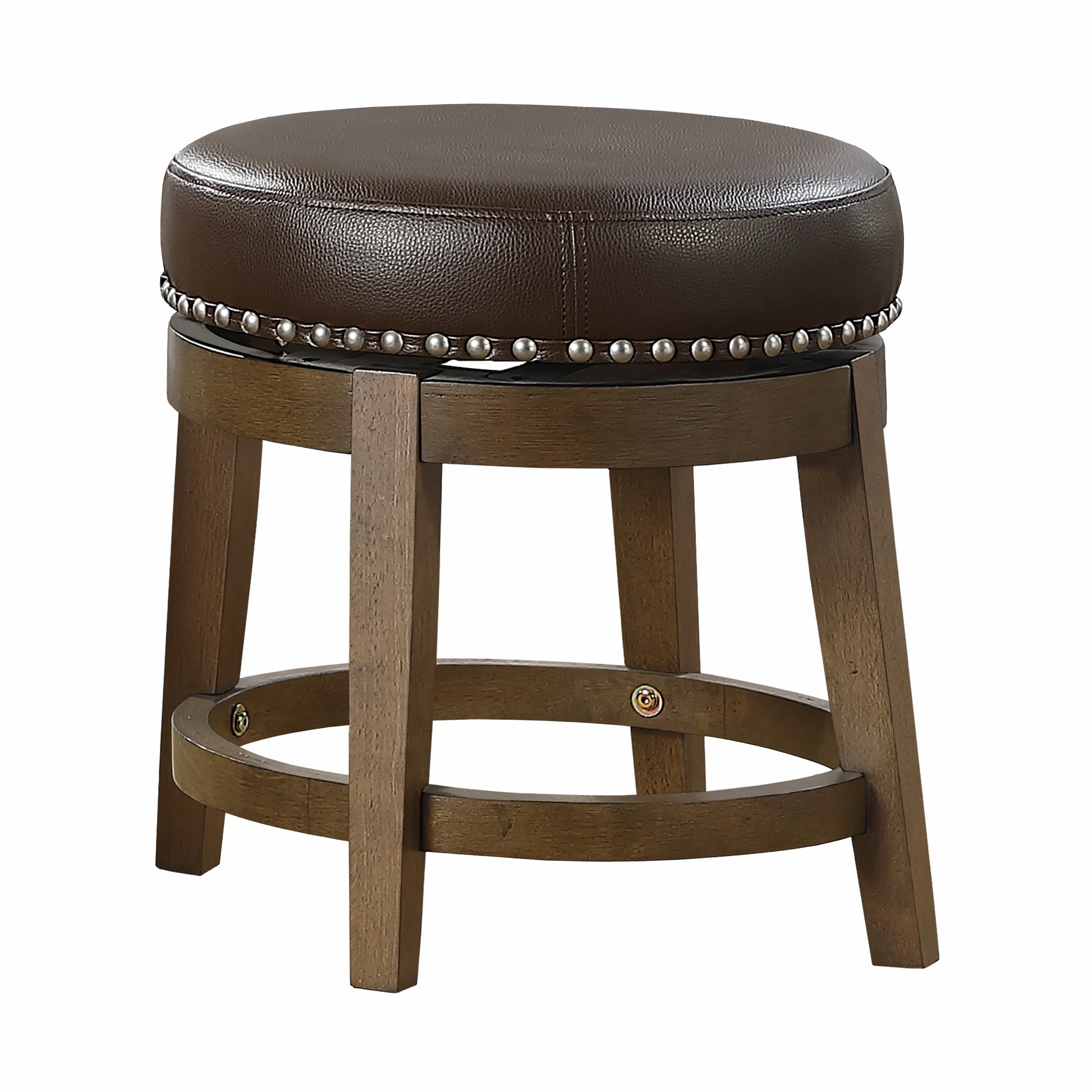 Round Swivel Stools Set Of 2, Brown Faux Leather 360 Degree Swivel Seat Trim Solid Wood Frame Brown Finish Transitional Style Furniture Brown Dining Room Round Solid Wood