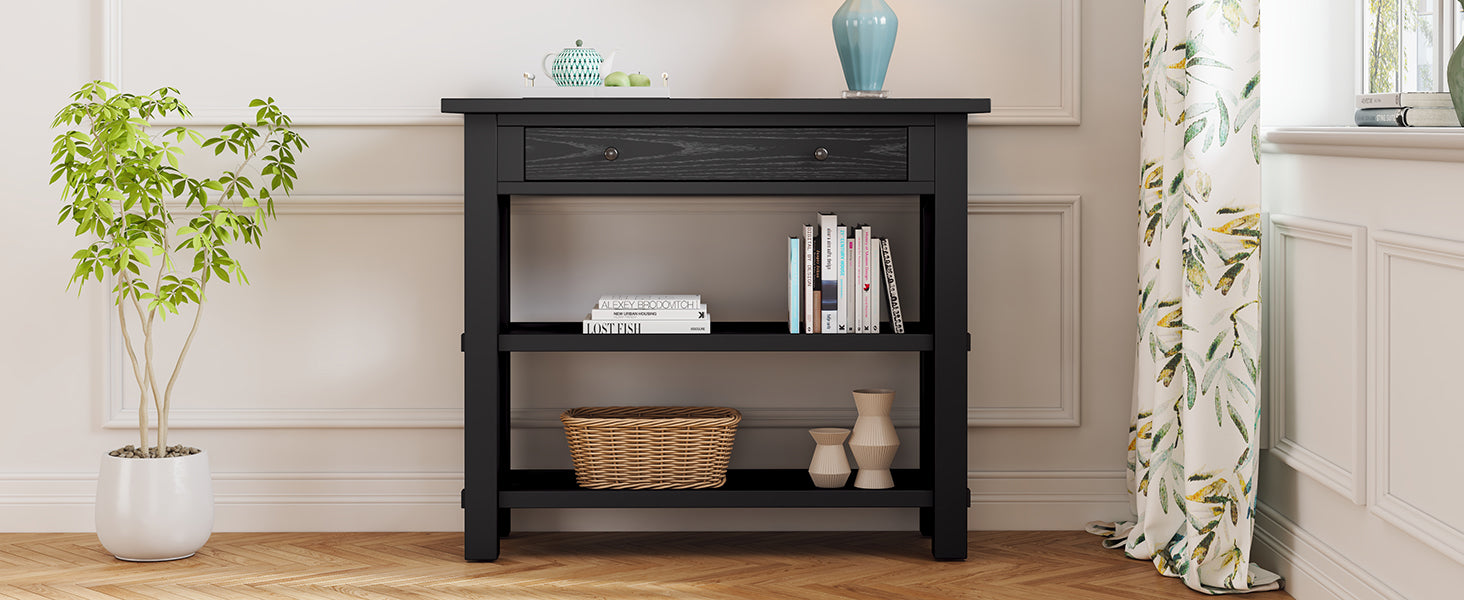 Retro Console Table With Drawer And Two Sturdy Shelves For Entryway, Living Room Black Black Mdf,Rubber Wood