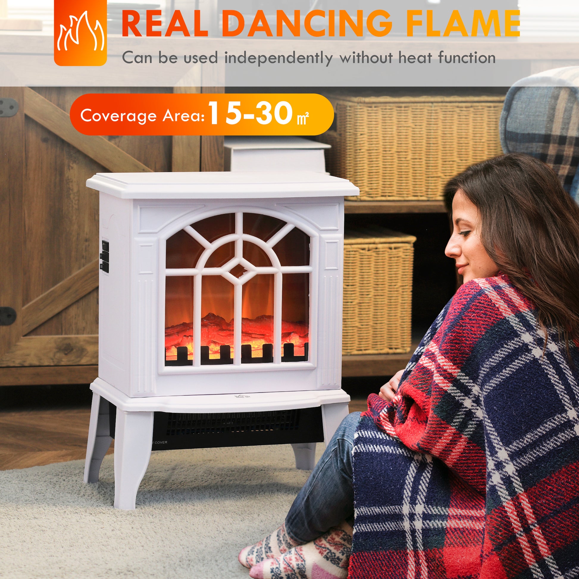 Homcom Electric Fireplace Stove, 18" Freestanding Fireplace Heater With Realistic Flame, Overheating Protection, Portable, 750W 1500W, White White Plastic