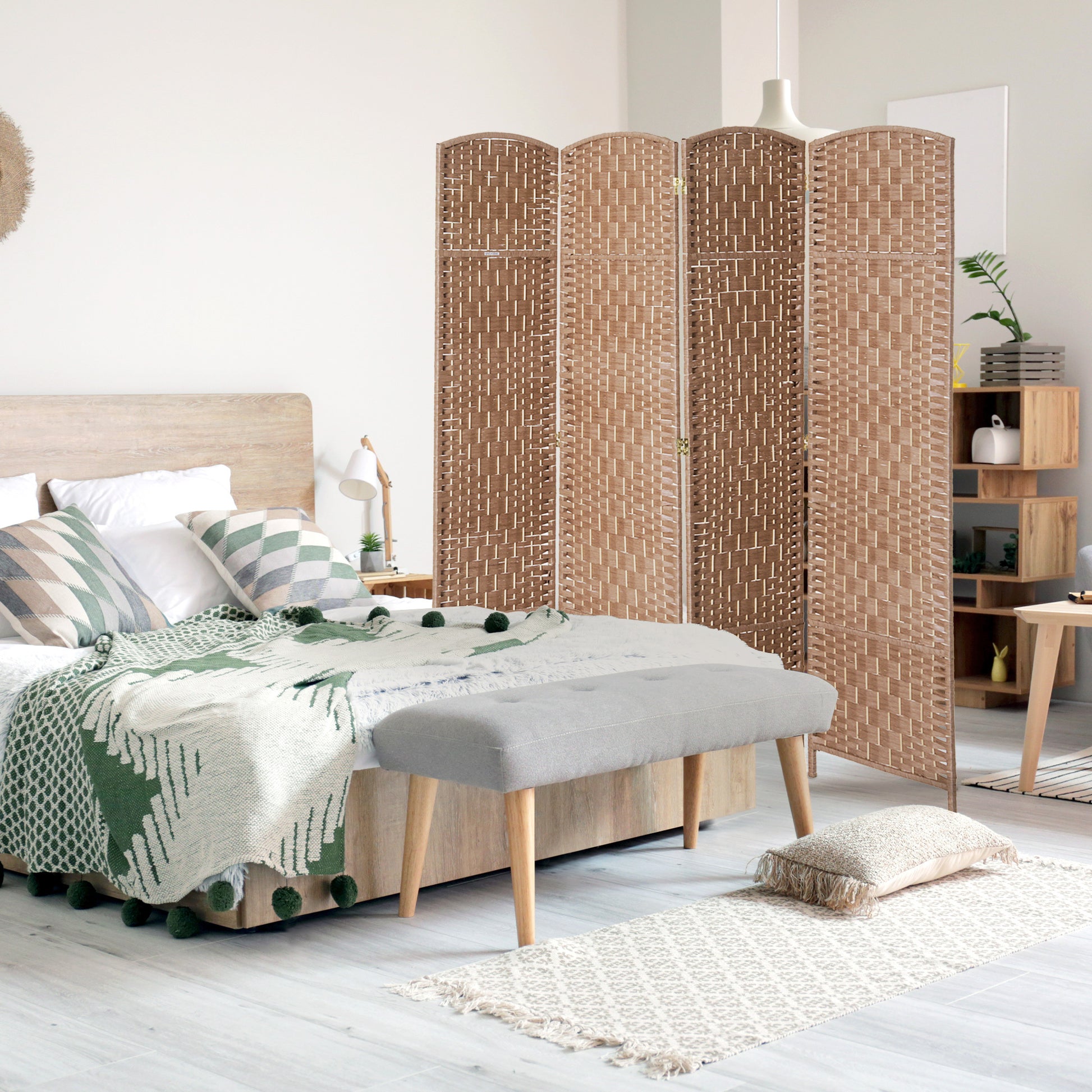 Homcom 6' Tall Wicker Weave 4 Panel Room Divider Privacy Screen Natural Natural Wood