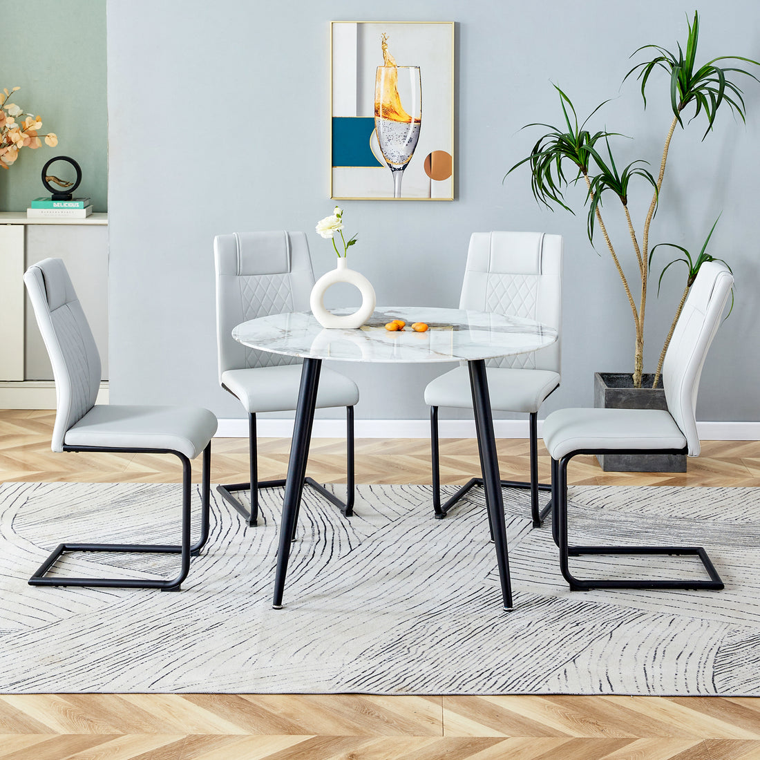 Table And Chair Set. Large Modern White Imitation Marble Patterned Round Table With Black Metal Legs. Nice Minimalism, Comfortable Seats And Black Metal Legs. White Gray Seats 4 Glass Metal