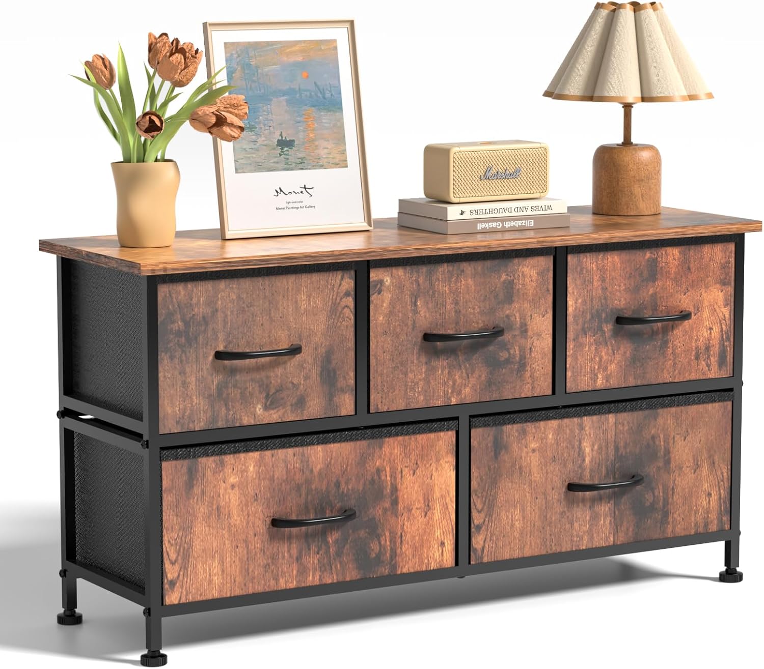 5 Drawers Dresser For Bedroom, Kidsroom Furniture, Wide Chest Of Drawers, Storage Organizer Units With Fabric Bins For Closet, Metal Frame, Waterproof Wood Top, Adjustable Feet, Rust Rust Wood