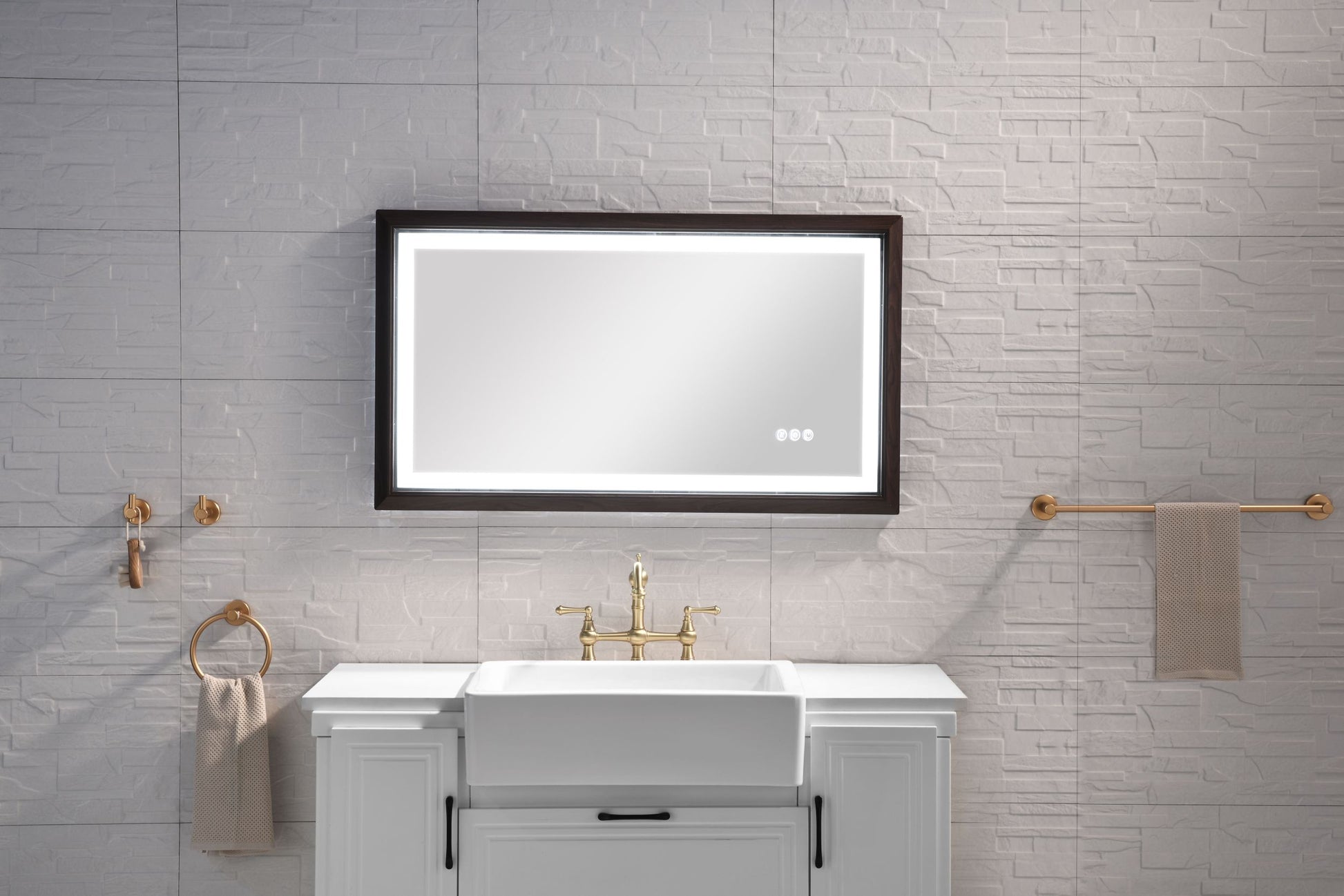 Bathroom Led Mirror Is Multi Functional And Each Function Is Controlled By A Smart Touch Button. Brown Aluminium