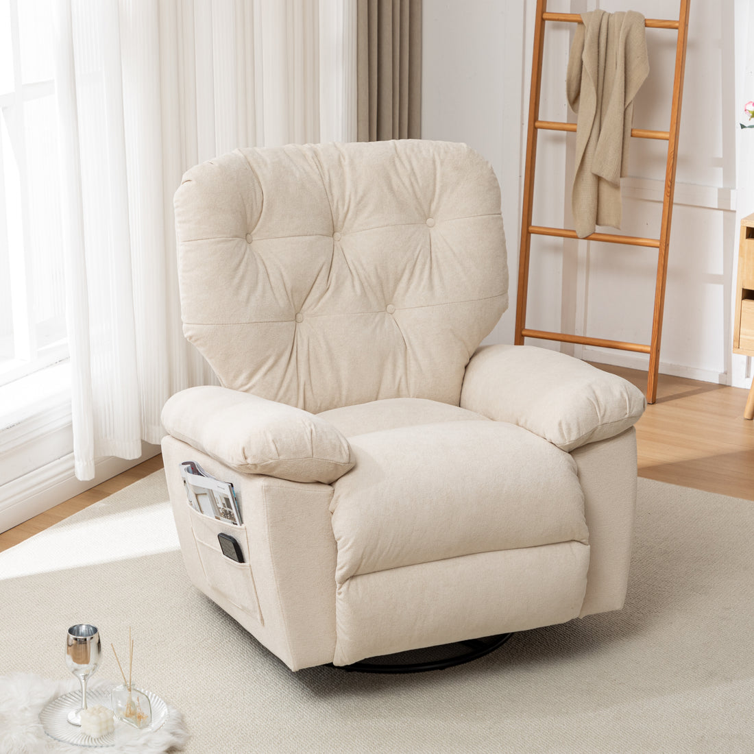 Beige Relaxing Recliner Chair,Soft Artificial Fleece, Overstuffed, Swivel, Glider, Side Pocket Beige Manual Push Button Wood Medium Soft Tufted Back Modern Push Button Oak Cotton Fleece