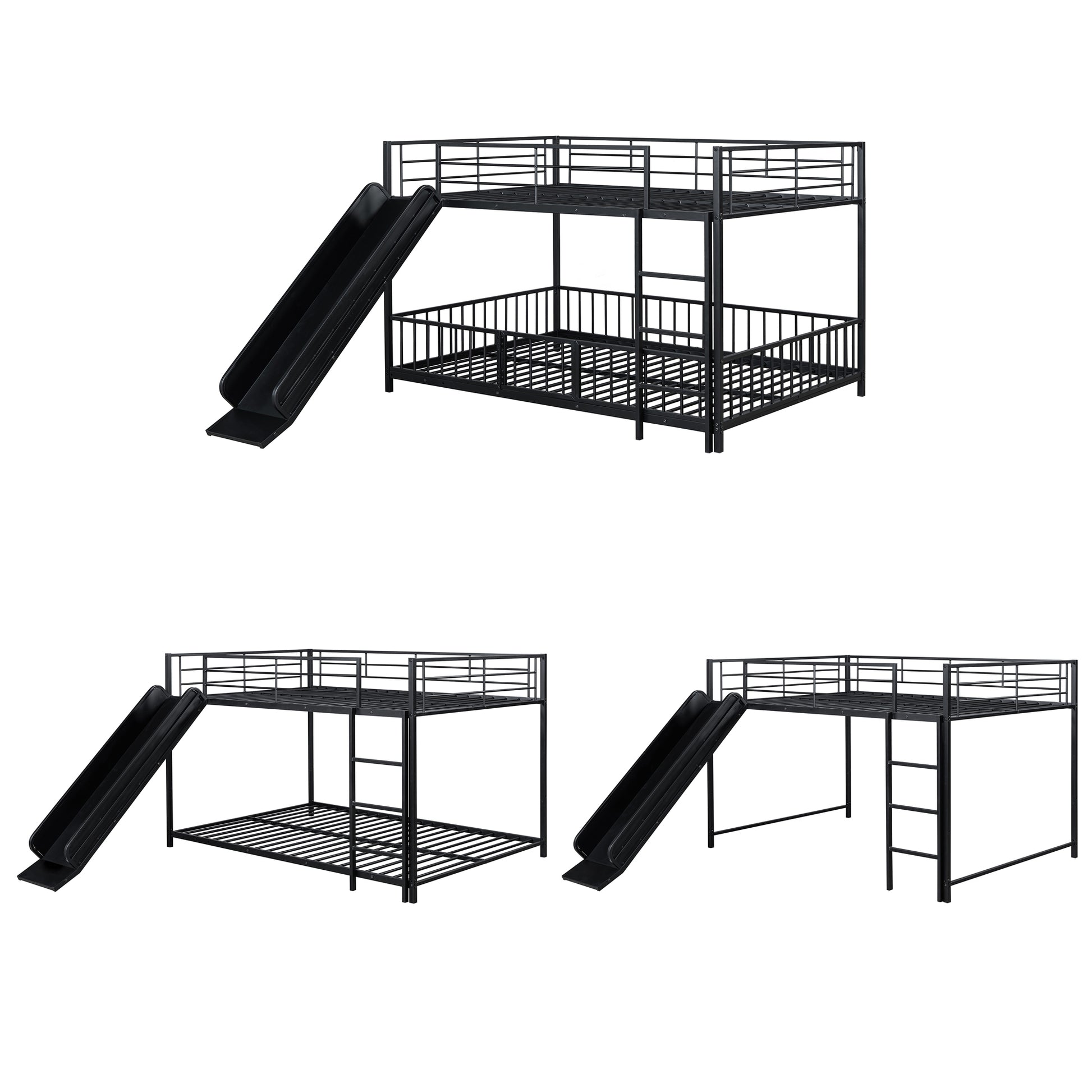 Full Over Full Size Metal Bunk Bed With Slide And Guardrails, Black Full Black Metal