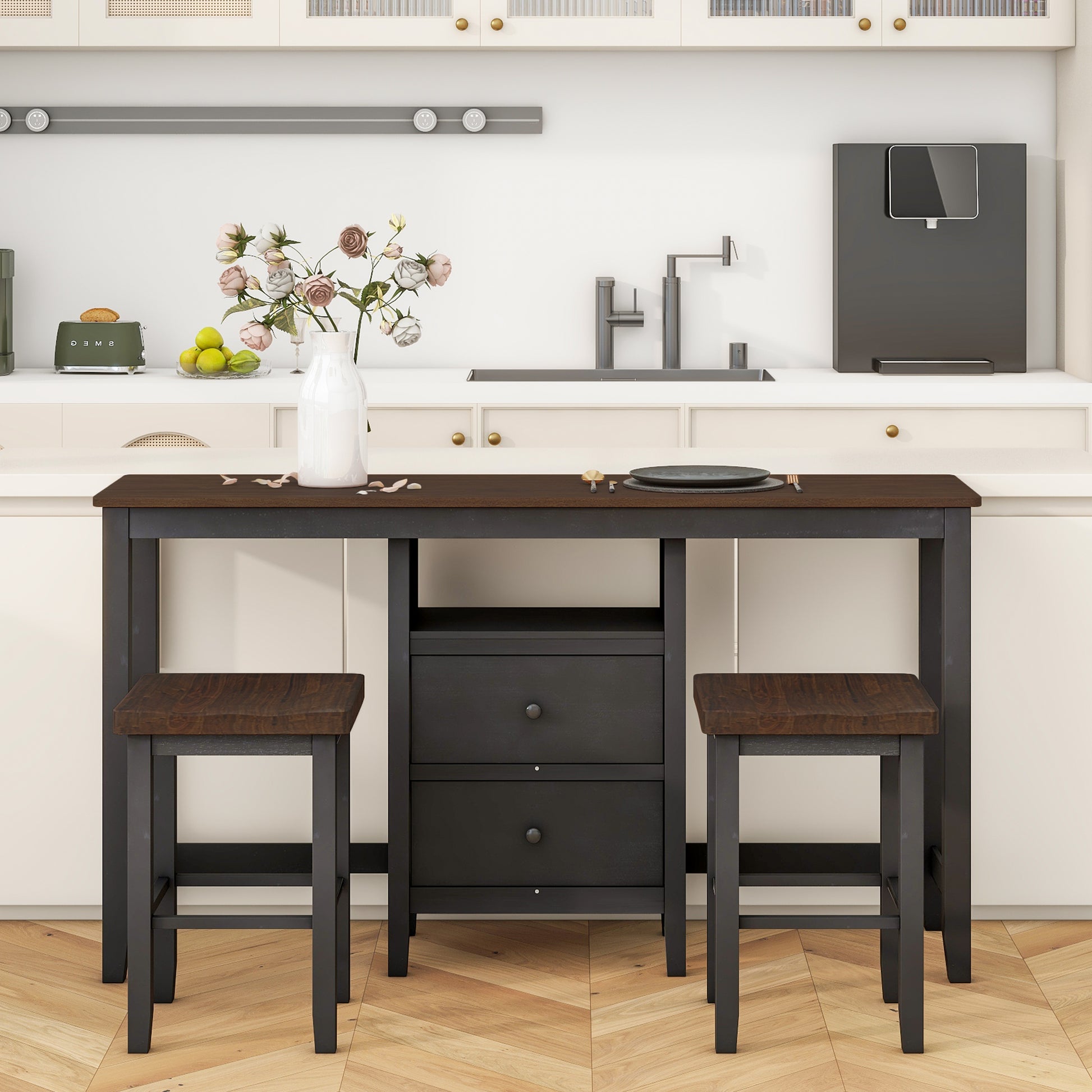 Farmhouse Rustic 3 Piece Counter Height Wood Dining Table Set With Cabinet,2 Storage Drawers And 2 Stools For Small Places,Black Cherry Wood Wood Cherry Seats 2 Wood Dining Room Farmhouse Rubberwood Rectangular Foam Solid Wood