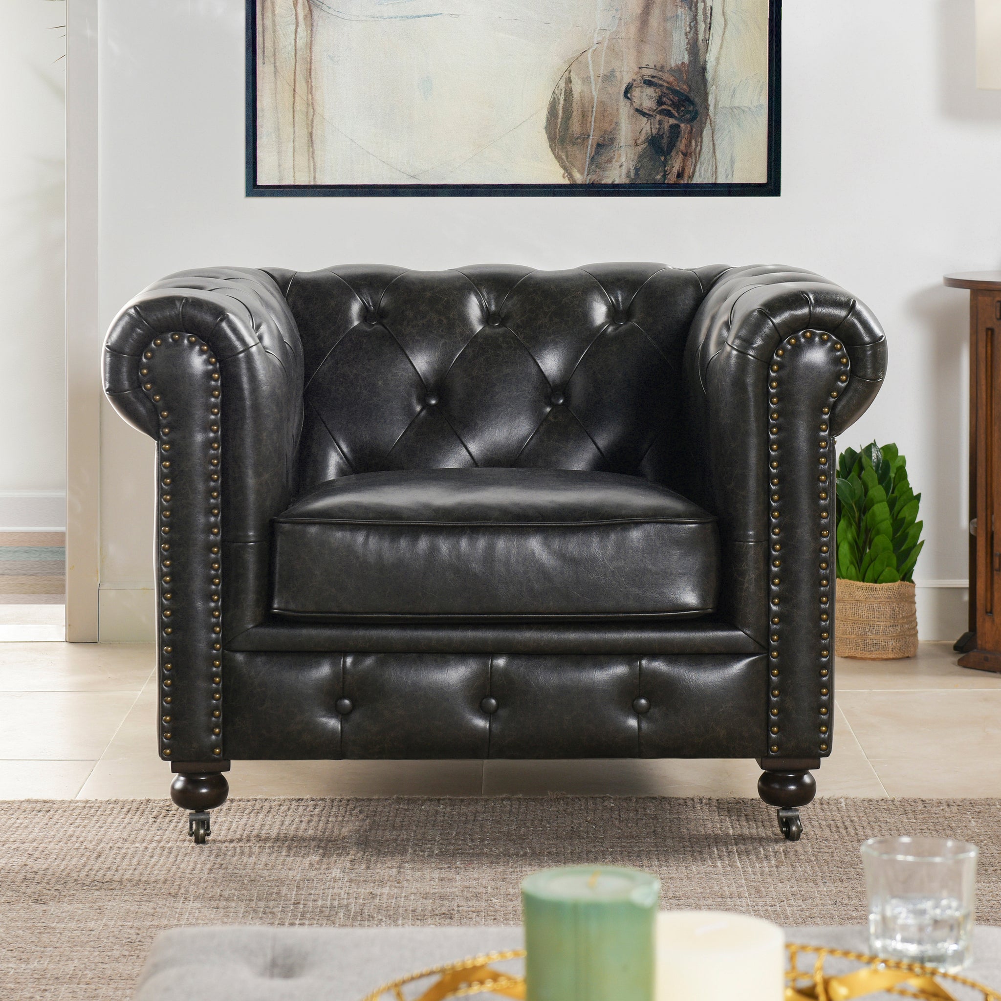 Winston 42.5" Chesterfield Accent Armchair, Vintage Black Brown Faux Leather Black Vintage Foam Faux Leather