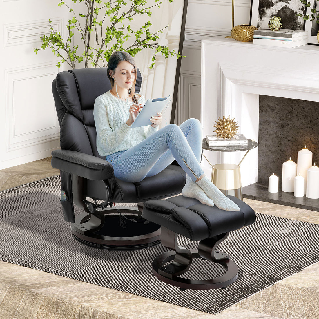 Homcom Massage Recliner Chair With Ottoman Footrest, 10 Vibration Points, 360 Swivel Reclining Chair, Faux Leather Living Room Chair With Side Pocket And Remote Control, Black Black Wood Metal