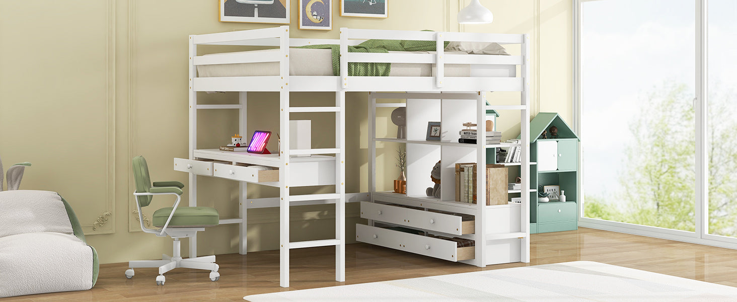 Full Size Loft Bed With Built In Desk With Two Drawers, And Storage Shelves And Drawers,White Old Sku:Gx000320Aak 1 Box Spring Not Required Full White Wood Bedroom Pine