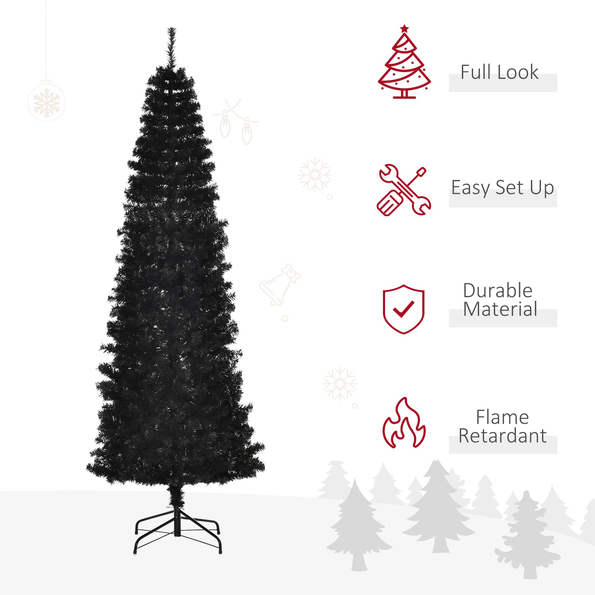 Homcom 7Ft Pencil Christmas Tree, Unlit Artificial Christmas Tree Slim Douglas Fir Xmas Tree With Realistic Branches, Halloween Tree With 818 Tips, Black Black Plastic