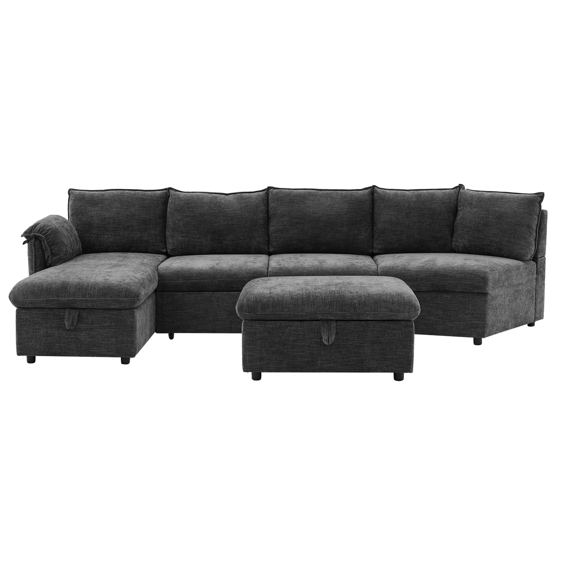 146.9" L Shaped Sofa Sectional Sofa Couch Pull Out Sofa Bed With A Movable Storage Ottoman, A Storage Chaise Lounge And Two Usb Ports For Living Room, Grey Grey Foam Linen 5 Seat