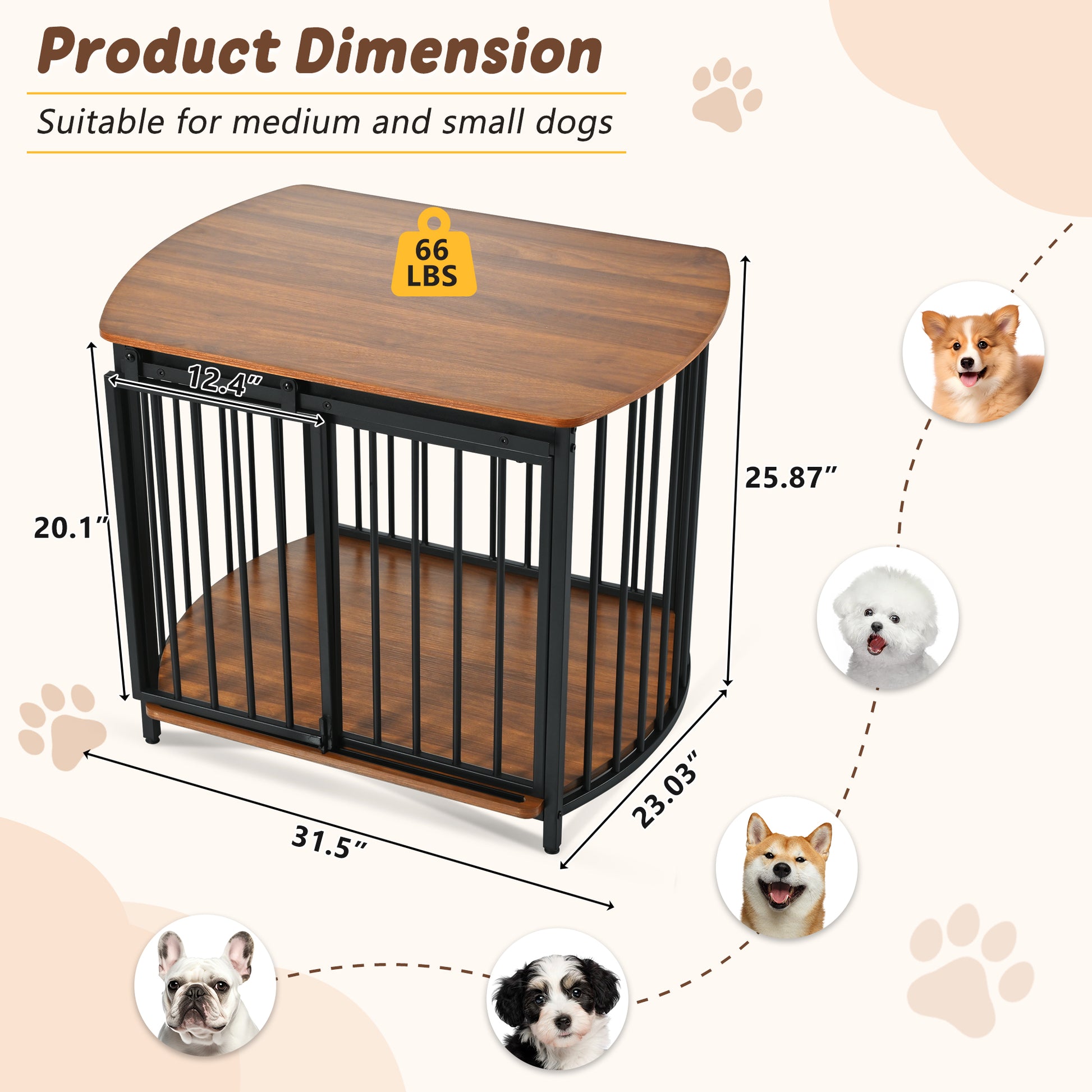 31.5" Furniture Style Dog Crate For Small And Medium Dogs, Wooden Cage Indoor Kennel Furniture, Modern Dog Crate End Table With Double Doors, Brown Brown Pet Barrier Medium 26 40 Lbs Iron,Mdf