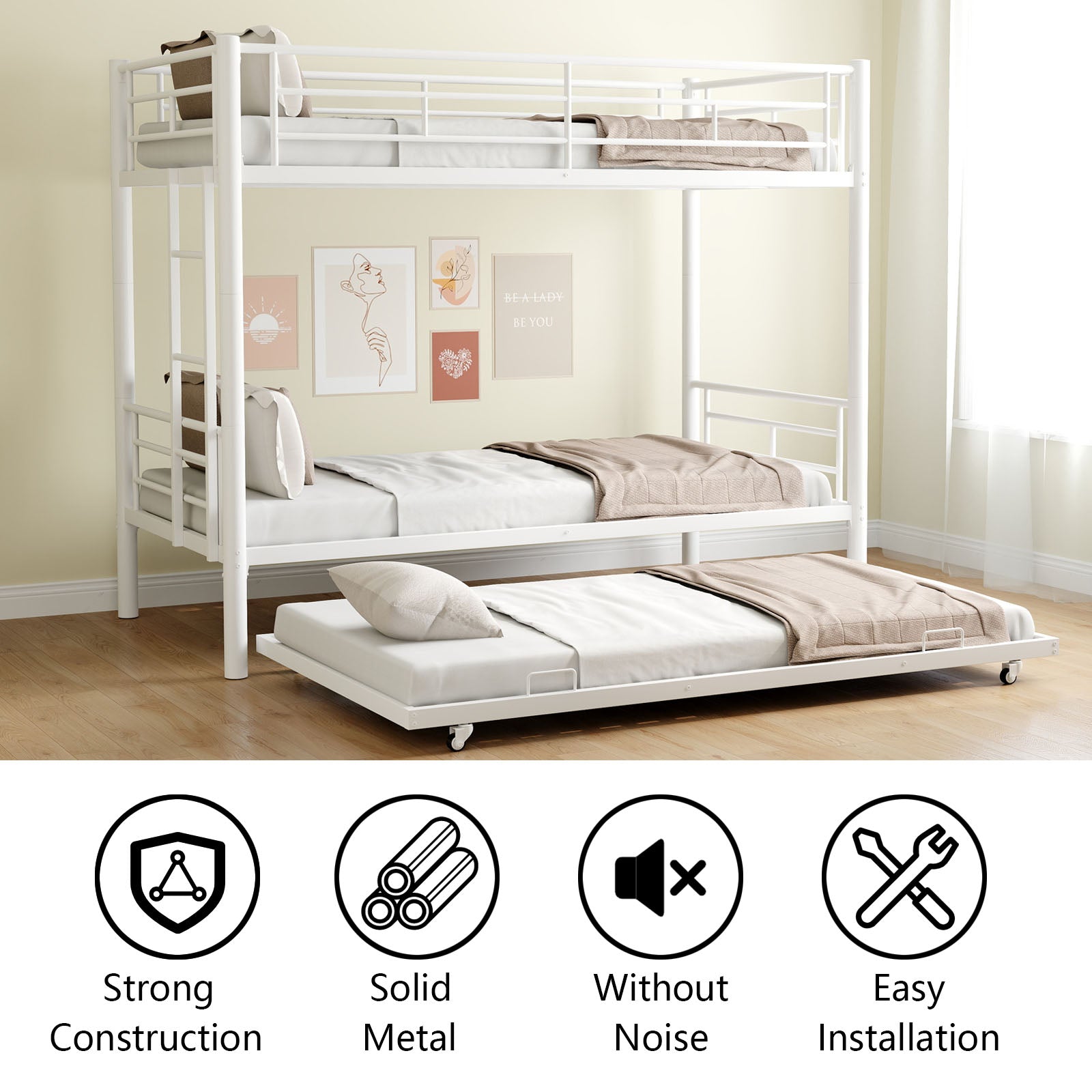 Heavy Duty Sturdy Meta Twin Over Full Bunk Bed L Noise Reduced Safety Guardrail No Box Spring Needed,White Box Spring Not Required Twin White Metal