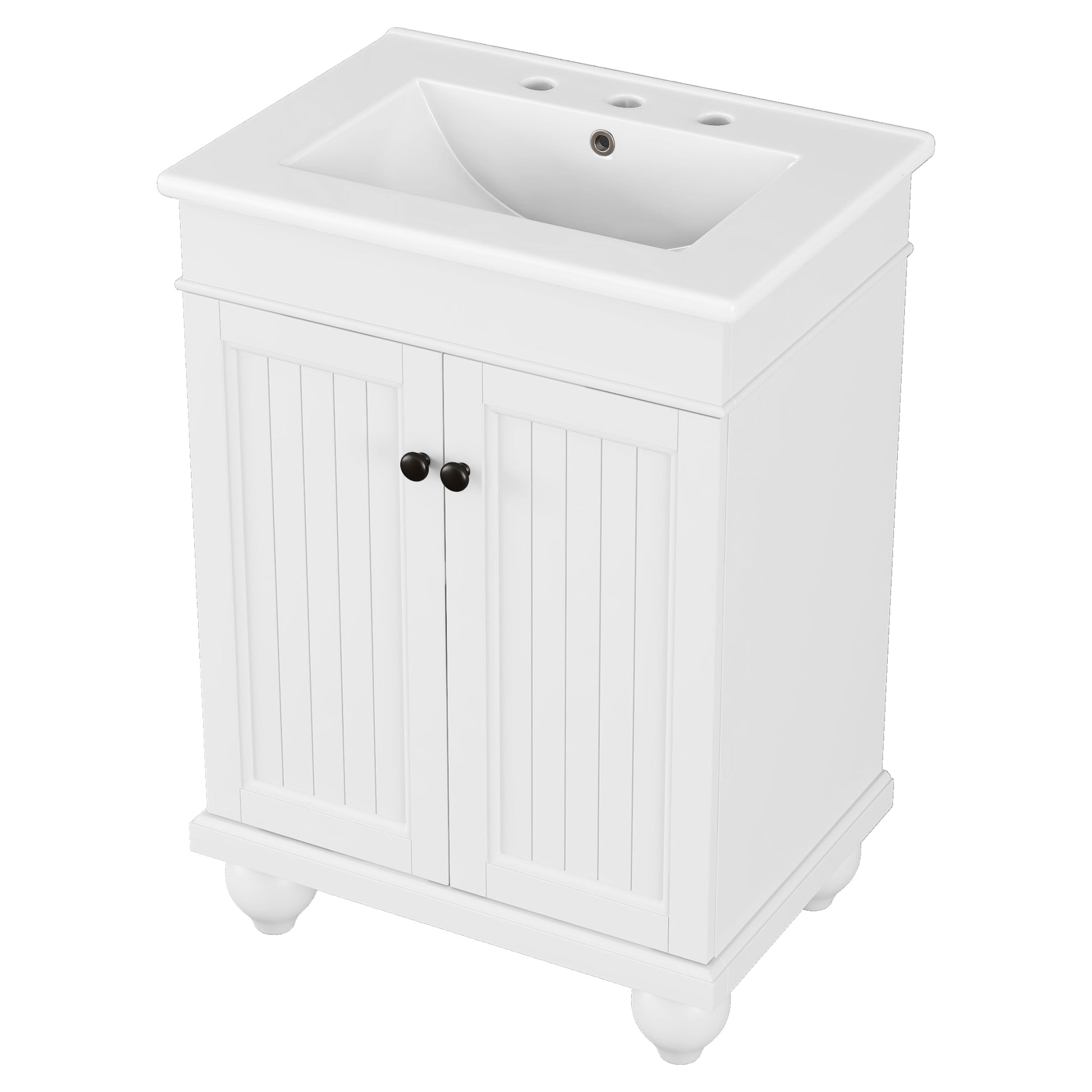 24" White Modern Sleek Bathroom Vanity Elegant Ceramic Sink With Solid Wood Frame, Adjustable Shelf White Solid Wood Mdf