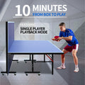 8Ft Mid Size Table Tennis Table Foldable & Portable Ping Pong Table Set For Indoor Games With Net, 2 Table Tennis Paddles And 3 Balls Blue Mdf