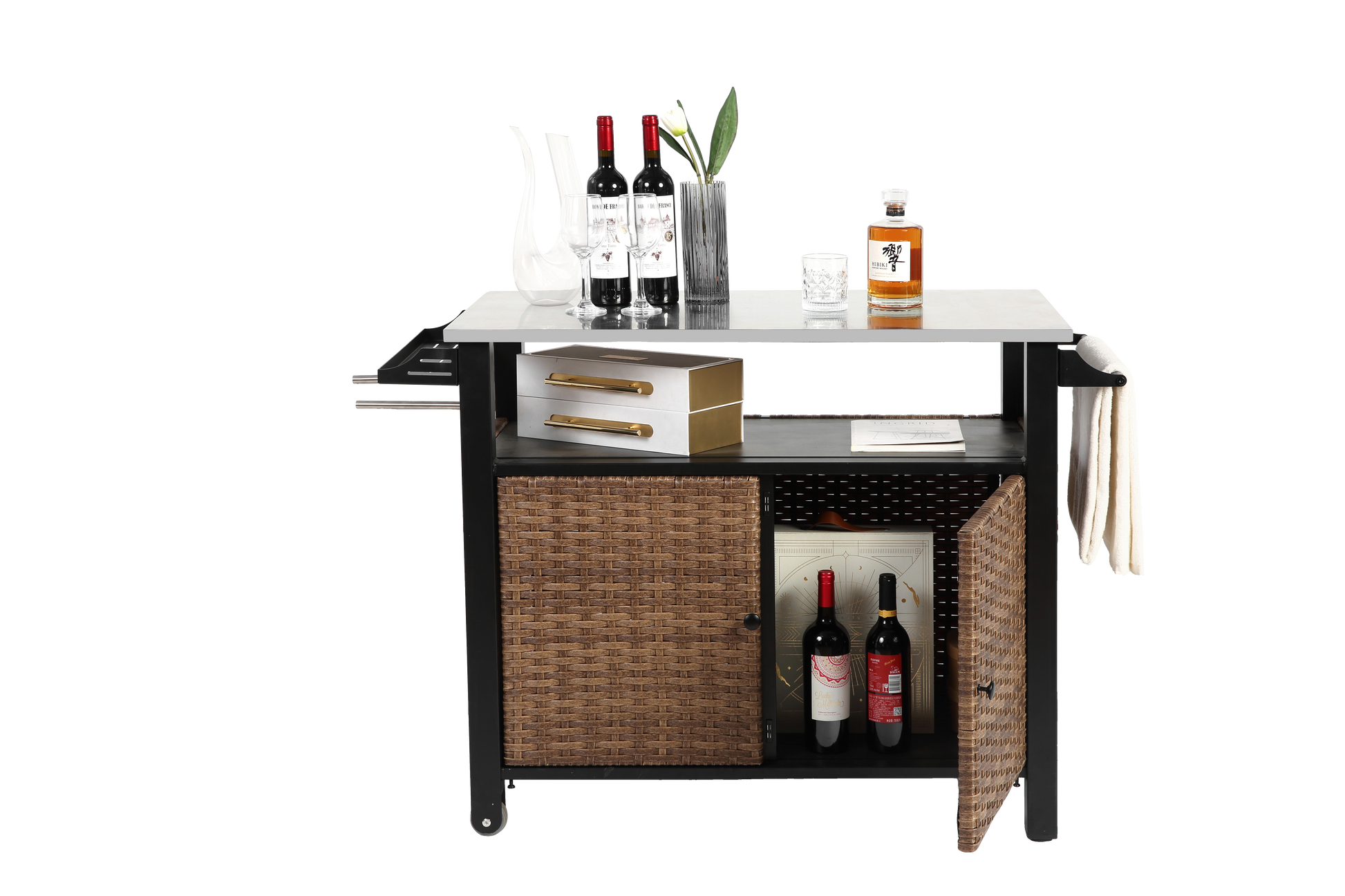 Outdoor Kitchen Wicker Island Rolling Cart & Storage Cabinet, Wheels And Stainless Steel Extended Table Top, Side Handle For Patio Kitchen Or Bar Cart, Brown No Brown Garden & Outdoor Steel